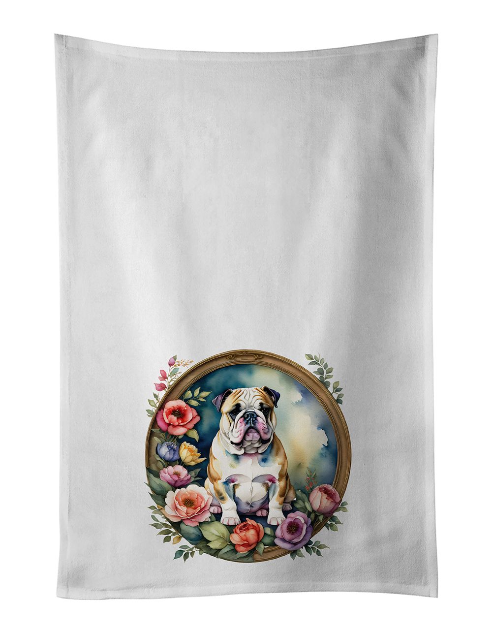 English Bulldog and Flowers Kitchen Towel Set of 2 White Dish Towels Decorative Bathroom Hand towel for Hand, Face, Hair, Yoga, 