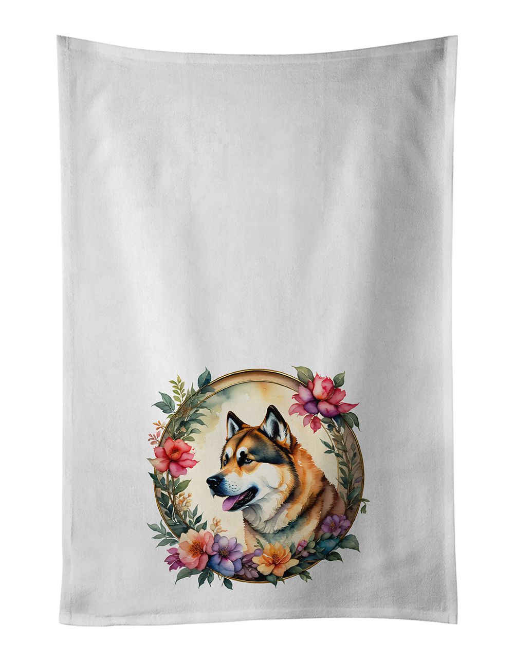 Akita and Flowers Kitchen Towel Set of 2 White Dish Towels Decorative Bathroom Hand towel for Hand, Face, Hair, Yoga, Tea, Dishc