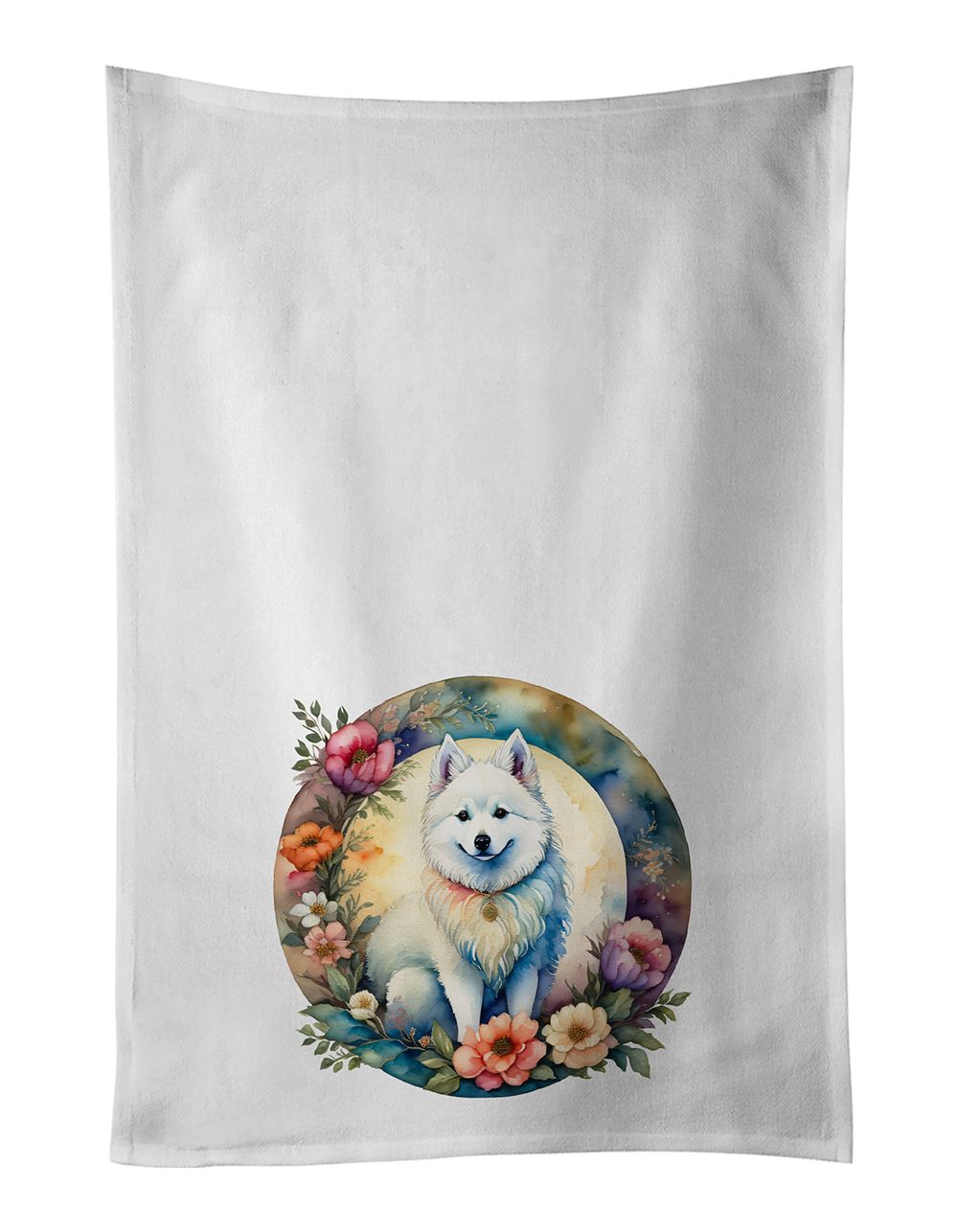 American Eskimo and Flowers Kitchen Towel Set of 2 White Dish Towels Decorative Bathroom Hand towel for Hand, Face, Hair, Yoga, 