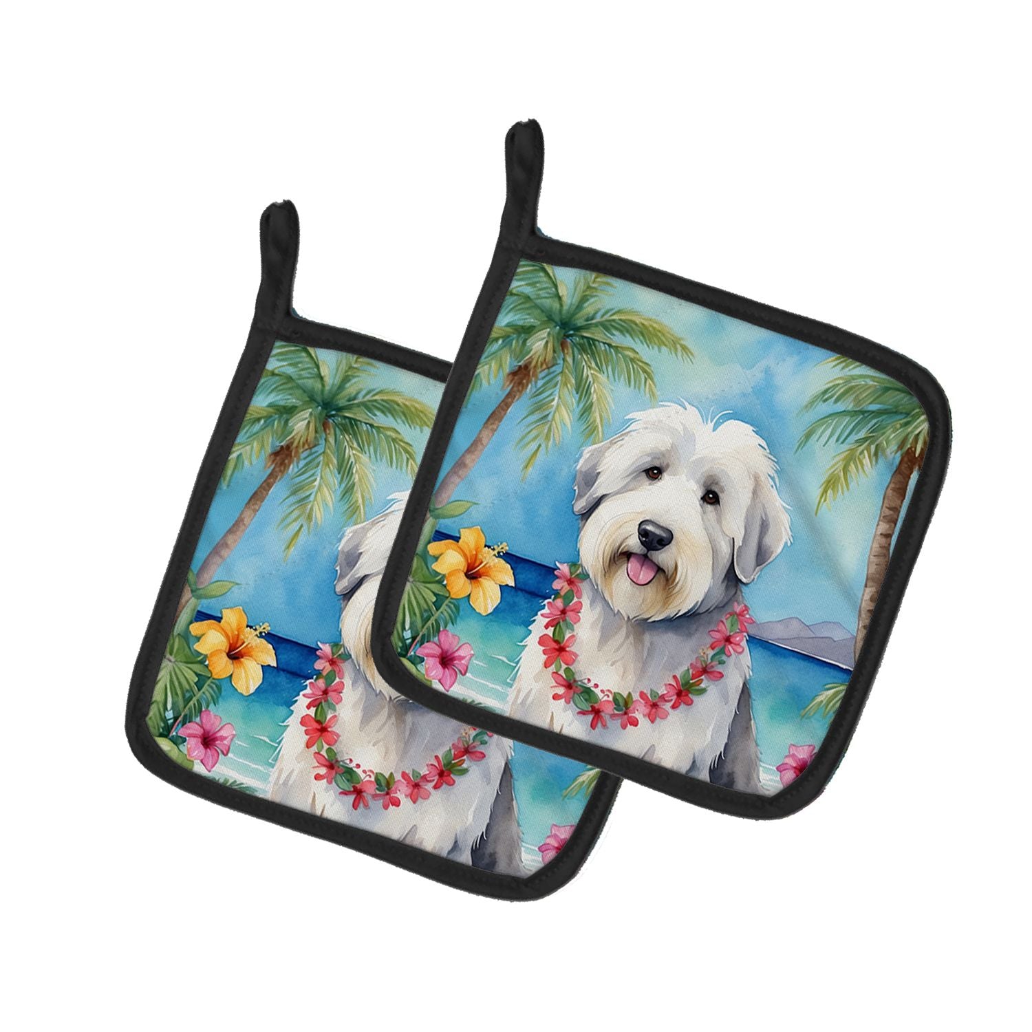 Old English Sheepdog Luau Pair of Pot Holders Kitchen Heat Resistant Pot Holders Sets Oven Hot Pads for Cooking Baking BBQ, 7 1/