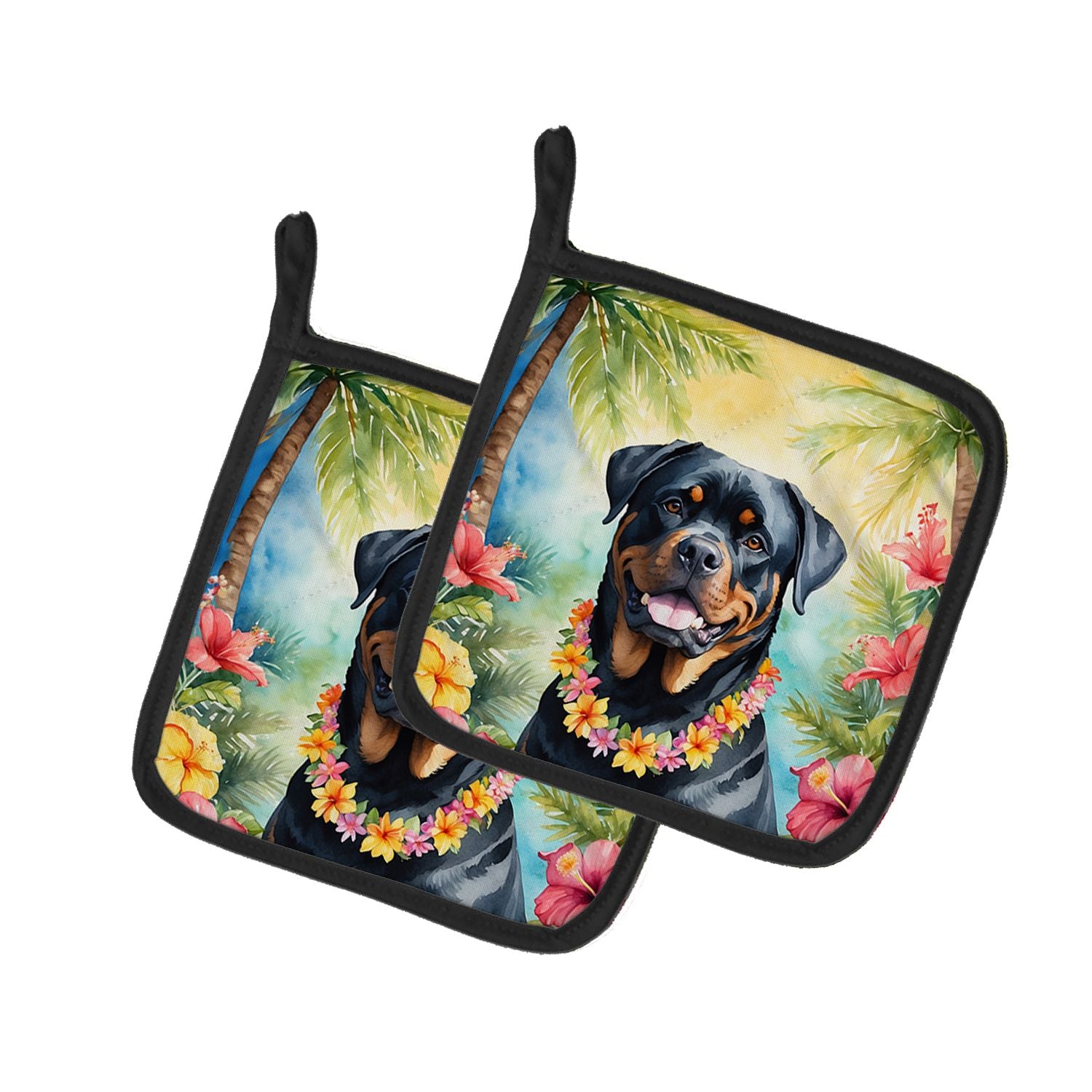 Rottweiler Luau Pair of Pot Holders Kitchen Heat Resistant Pot Holders Sets Oven Hot Pads for Cooking Baking BBQ, 7 1/2 x 7 1/2