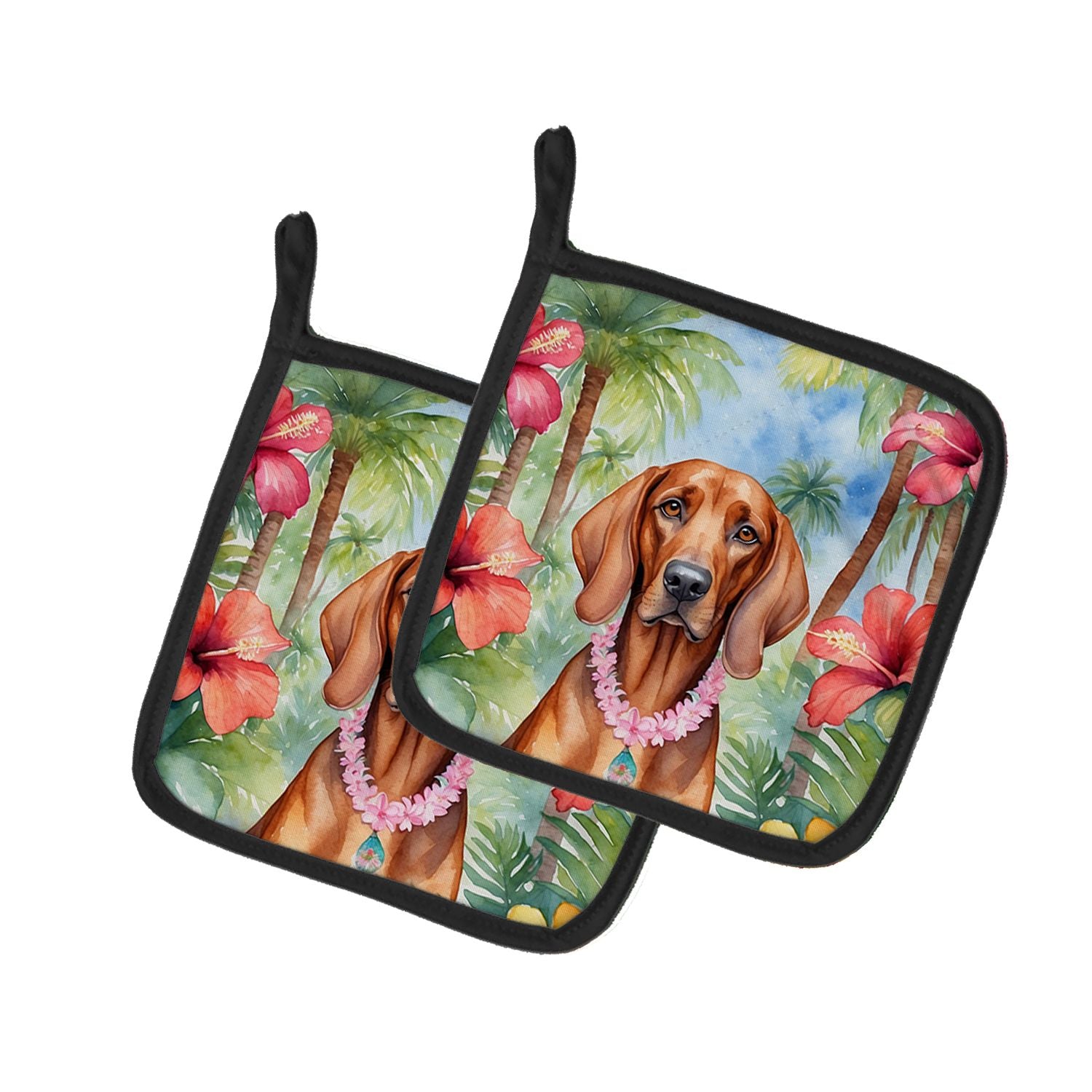 Redbone Coonhound Luau Pair of Pot Holders Kitchen Heat Resistant Pot Holders Sets Oven Hot Pads for Cooking Baking BBQ, 7 1/2 x