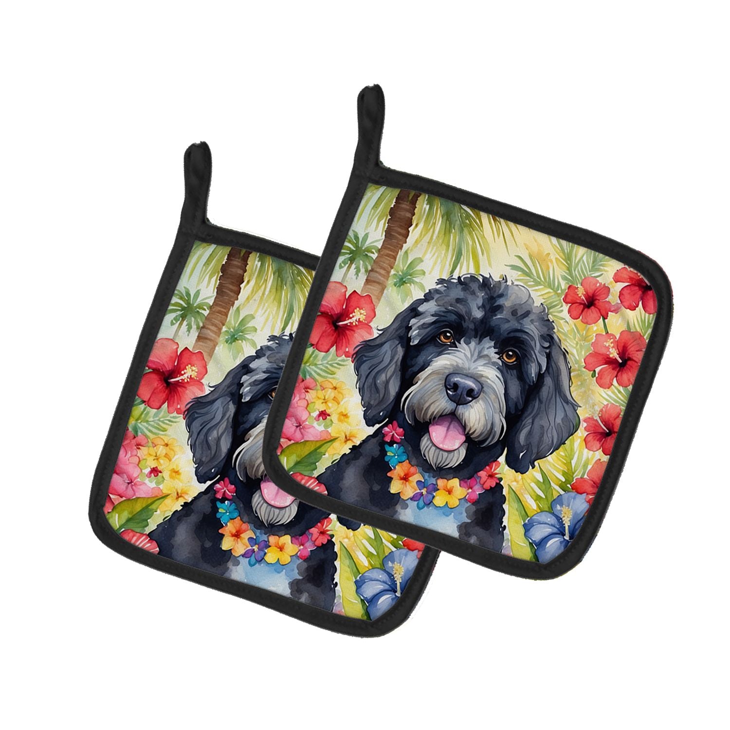 Portuguese Water Dog Luau Pair of Pot Holders Kitchen Heat Resistant Pot Holders Sets Oven Hot Pads for Cooking Baking BBQ, 7 1/