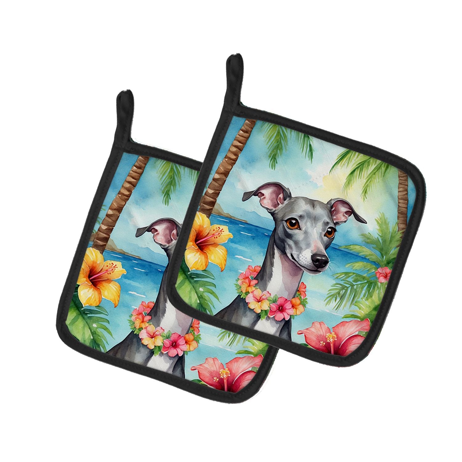 Italian Greyhound Luau Pair of Pot Holders Kitchen Heat Resistant Pot Holders Sets Oven Hot Pads for Cooking Baking BBQ, 7 1/2 x
