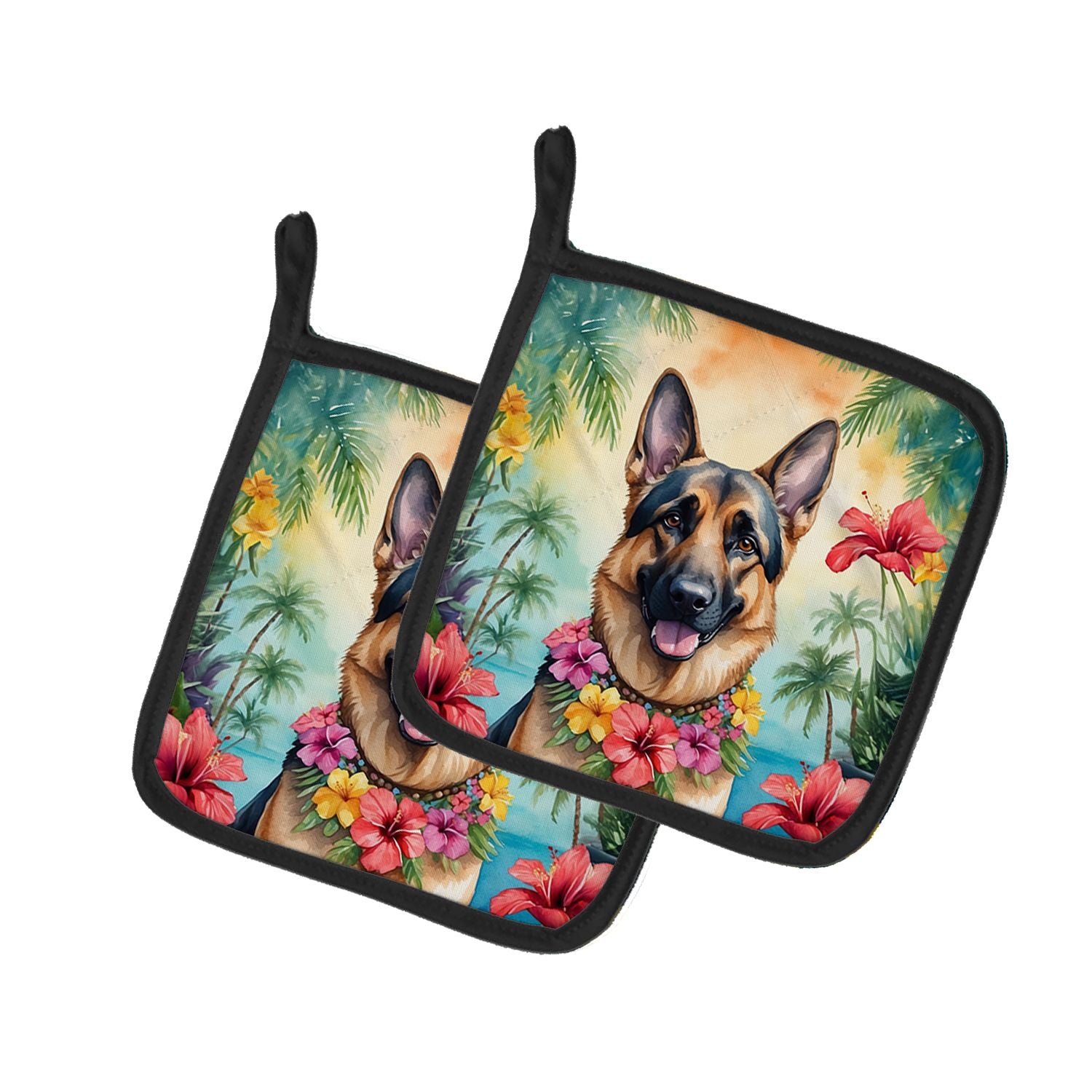 German Shepherd Luau Pair of Pot Holders Kitchen Heat Resistant Pot Holders Sets Oven Hot Pads for Cooking Baking BBQ, 7 1/2 x 7