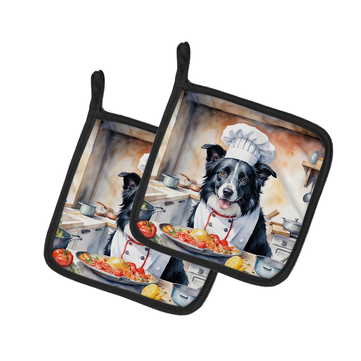 Border Collie The Chef Pair of Pot Holders Kitchen Heat Resistant Pot Holders Sets Oven Hot Pads for Cooking Baking BBQ, 7 1/2 x