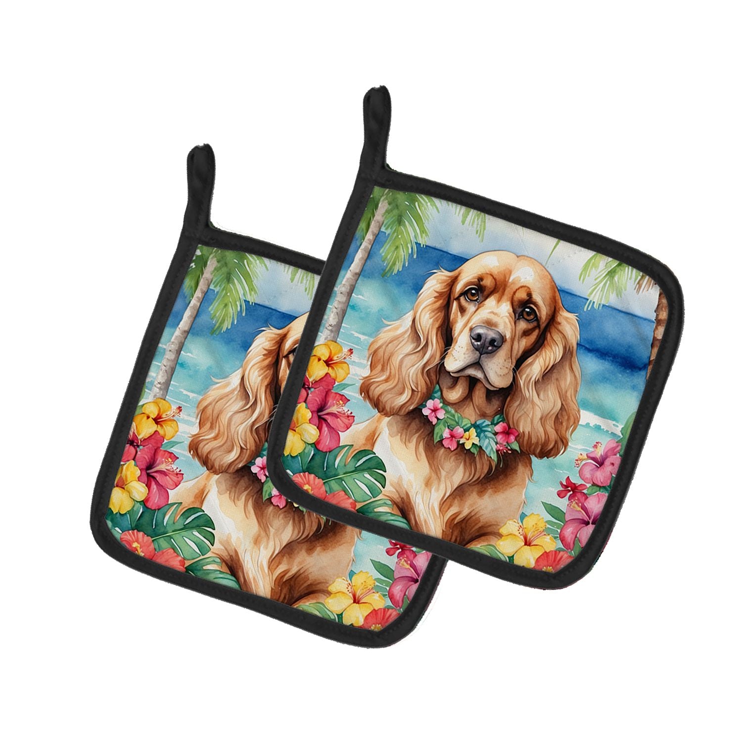 Cocker Spaniel Luau Pair of Pot Holders Kitchen Heat Resistant Pot Holders Sets Oven Hot Pads for Cooking Baking BBQ, 7 1/2 x 7 
