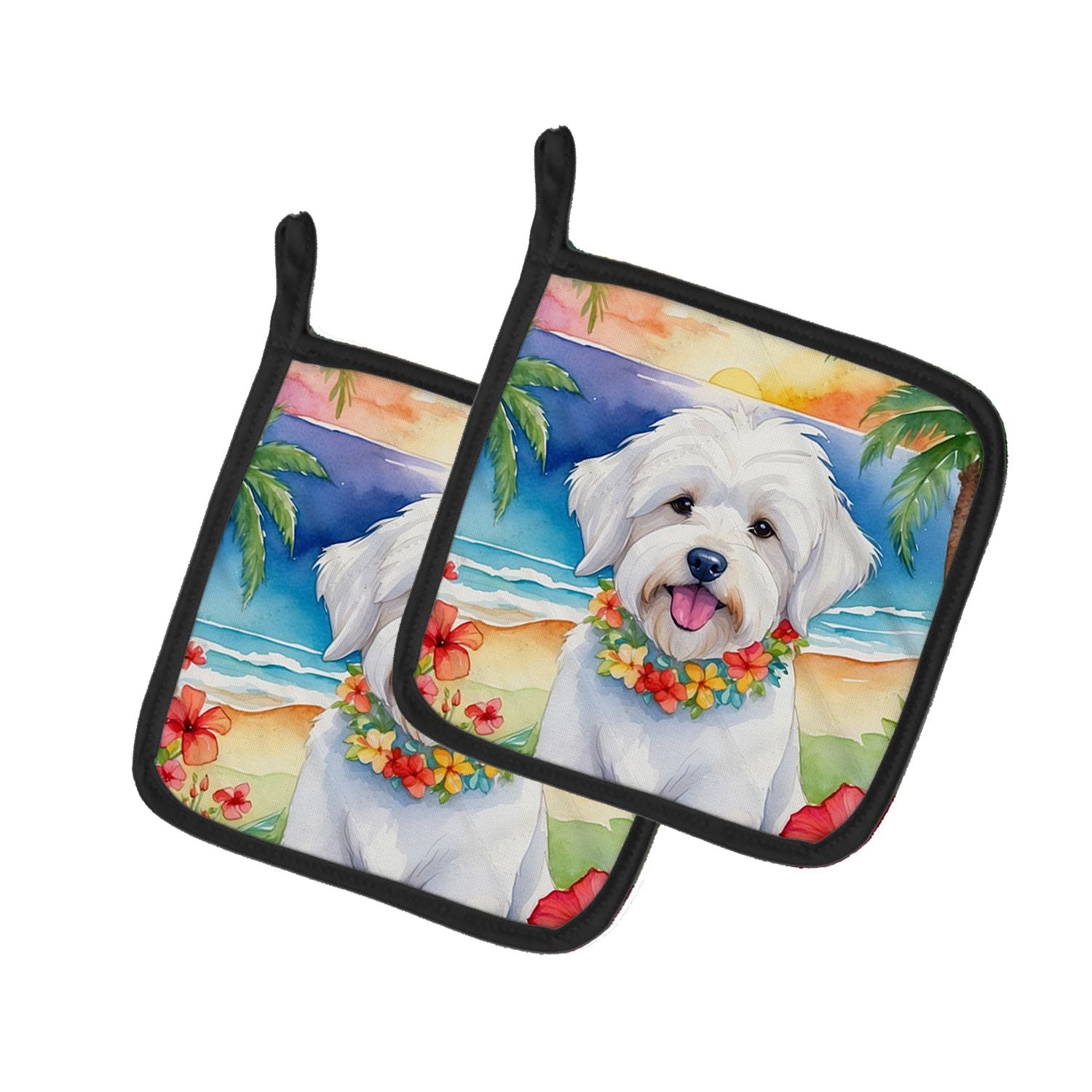 Coton de Tulear Luau Pair of Pot Holders Kitchen Heat Resistant Pot Holders Sets Oven Hot Pads for Cooking Baking BBQ, 7 1/2 x 7