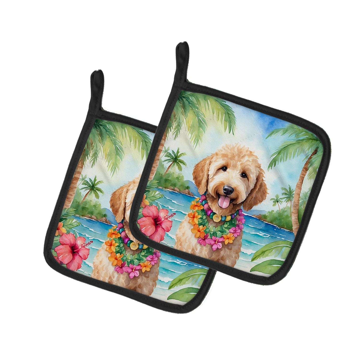 Goldendoodle Luau Pair of Pot Holders Kitchen Heat Resistant Pot Holders Sets Oven Hot Pads for Cooking Baking BBQ, 7 1/2 x 7 1/