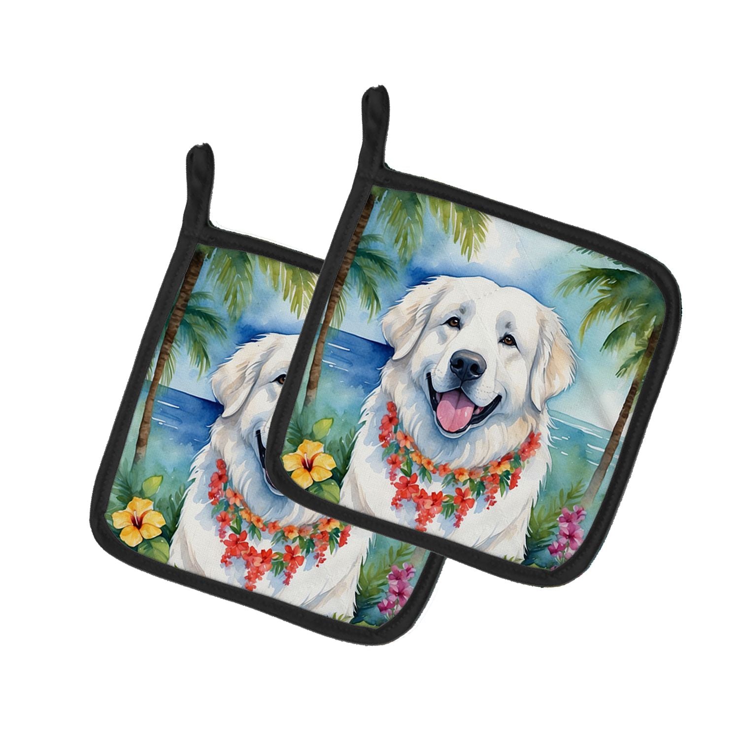 Great Pyrenees Luau Pair of Pot Holders Kitchen Heat Resistant Pot Holders Sets Oven Hot Pads for Cooking Baking BBQ, 7 1/2 x 7 