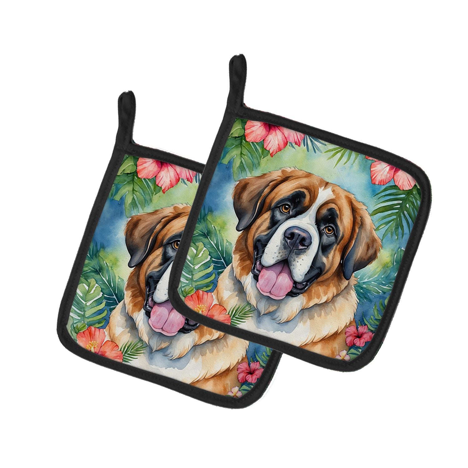 Saint Bernard Luau Pair of Pot Holders Kitchen Heat Resistant Pot Holders Sets Oven Hot Pads for Cooking Baking BBQ, 7 1/2 x 7 1