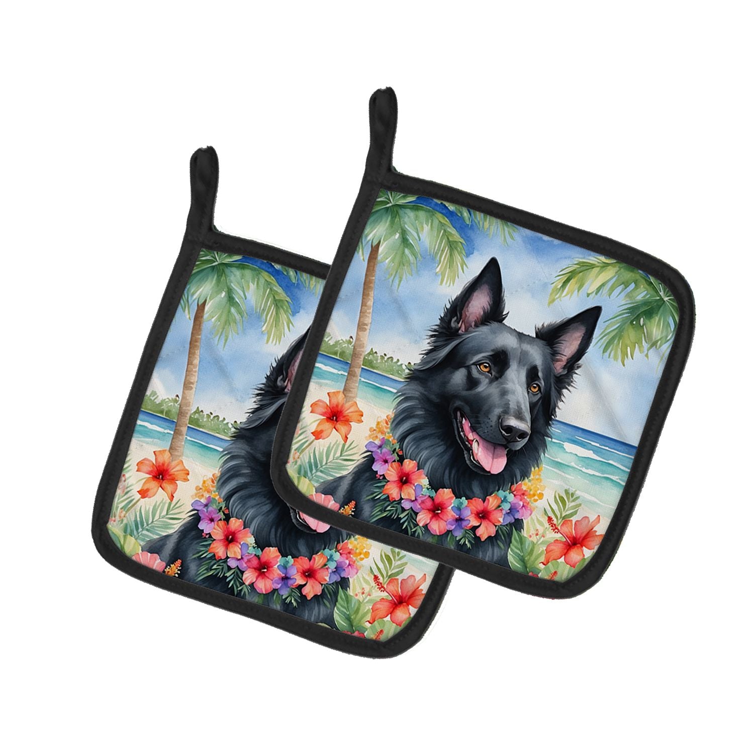 Belgian Sheepdog Luau Pair of Pot Holders Kitchen Heat Resistant Pot Holders Sets Oven Hot Pads for Cooking Baking BBQ, 7 1/2 x 