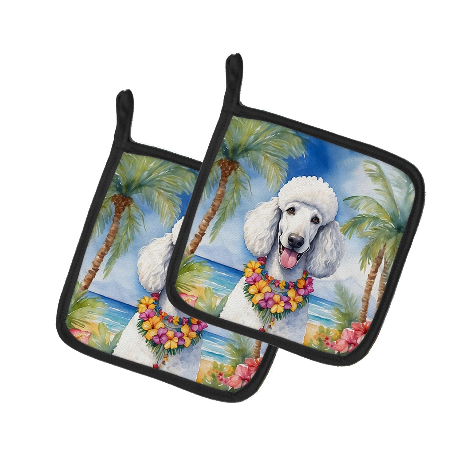 White Poodle Luau Pair of Pot Holders Kitchen Heat Resistant Pot Holders Sets Oven Hot Pads for Cooking Baking BBQ, 7 1/2 x 7 1/