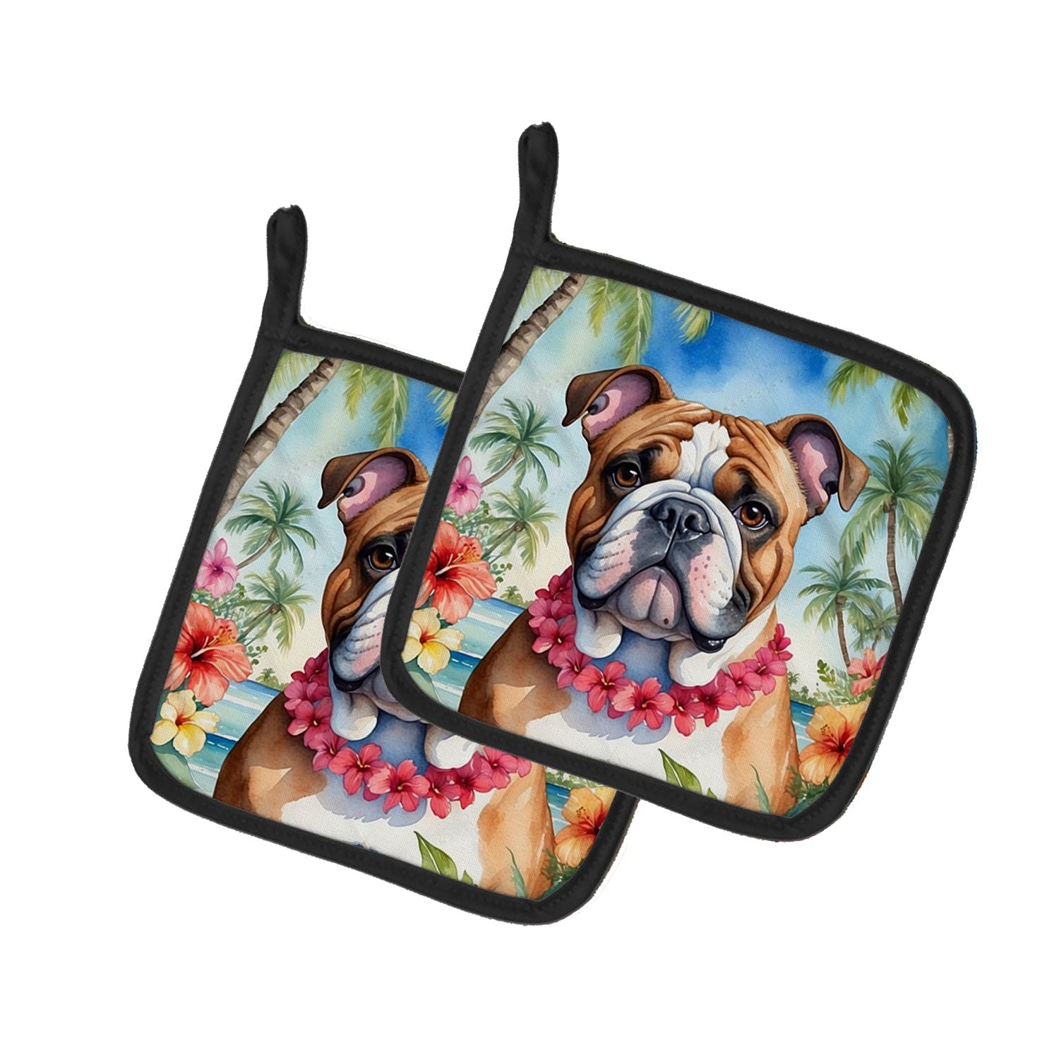 English Bulldog Luau Pair of Pot Holders Kitchen Heat Resistant Pot Holders Sets Oven Hot Pads for Cooking Baking BBQ, 7 1/2 x 7