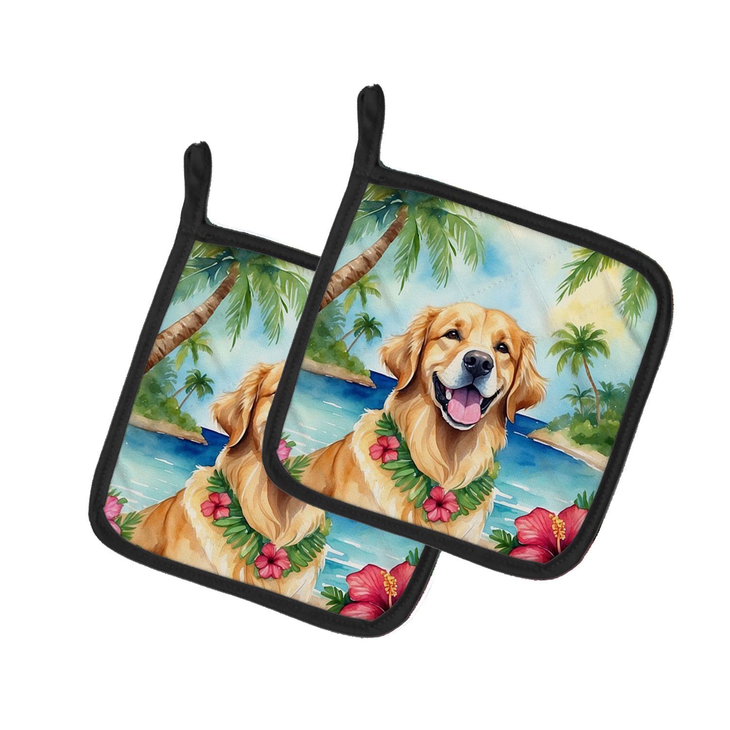 Golden Retriever Luau Pair of Pot Holders Kitchen Heat Resistant Pot Holders Sets Oven Hot Pads for Cooking Baking BBQ, 7 1/2 x 