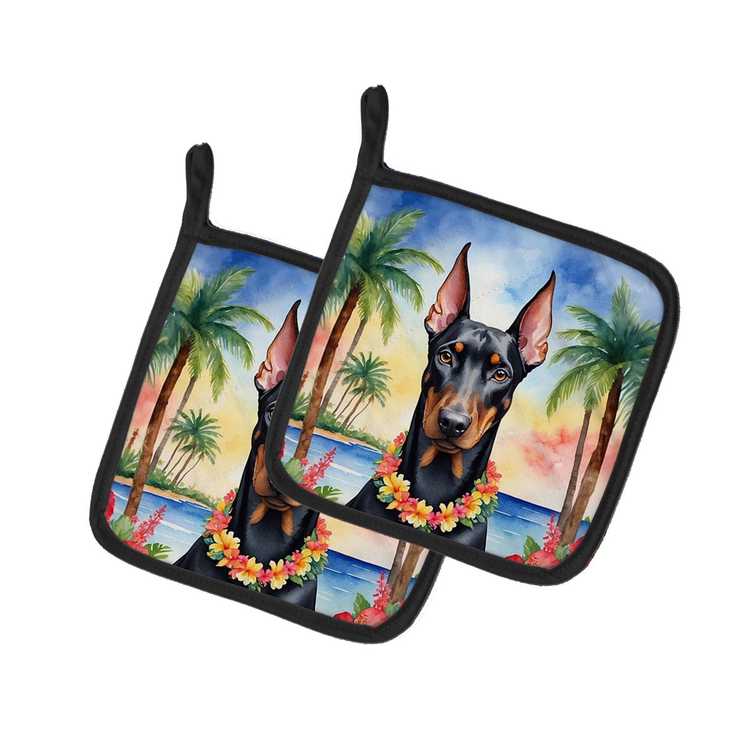 Doberman Pinscher Luau Pair of Pot Holders Kitchen Heat Resistant Pot Holders Sets Oven Hot Pads for Cooking Baking BBQ, 7 1/2 x