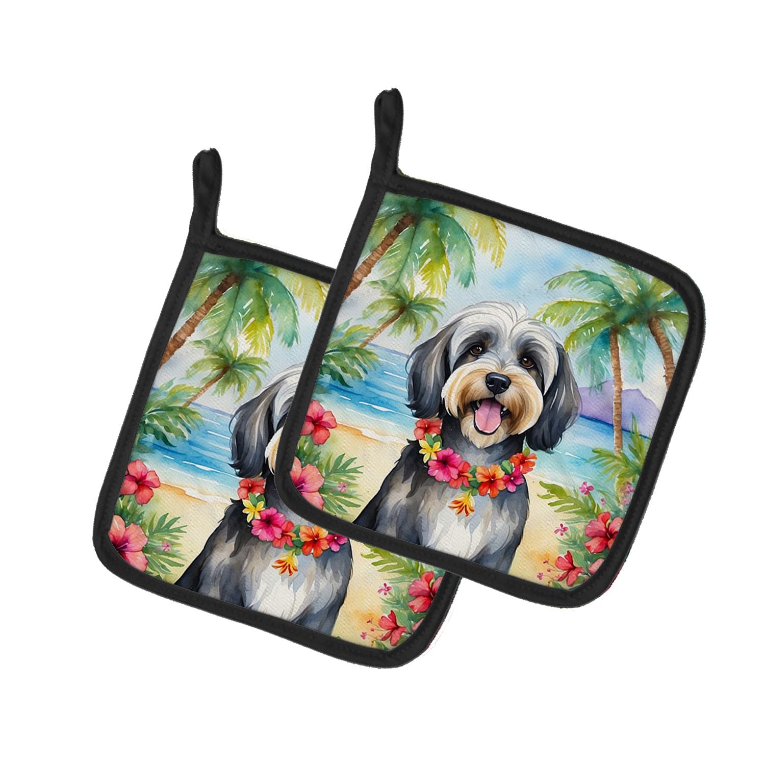 Tibetan Terrier Luau Pair of Pot Holders Kitchen Heat Resistant Pot Holders Sets Oven Hot Pads for Cooking Baking BBQ, 7 1/2 x 7