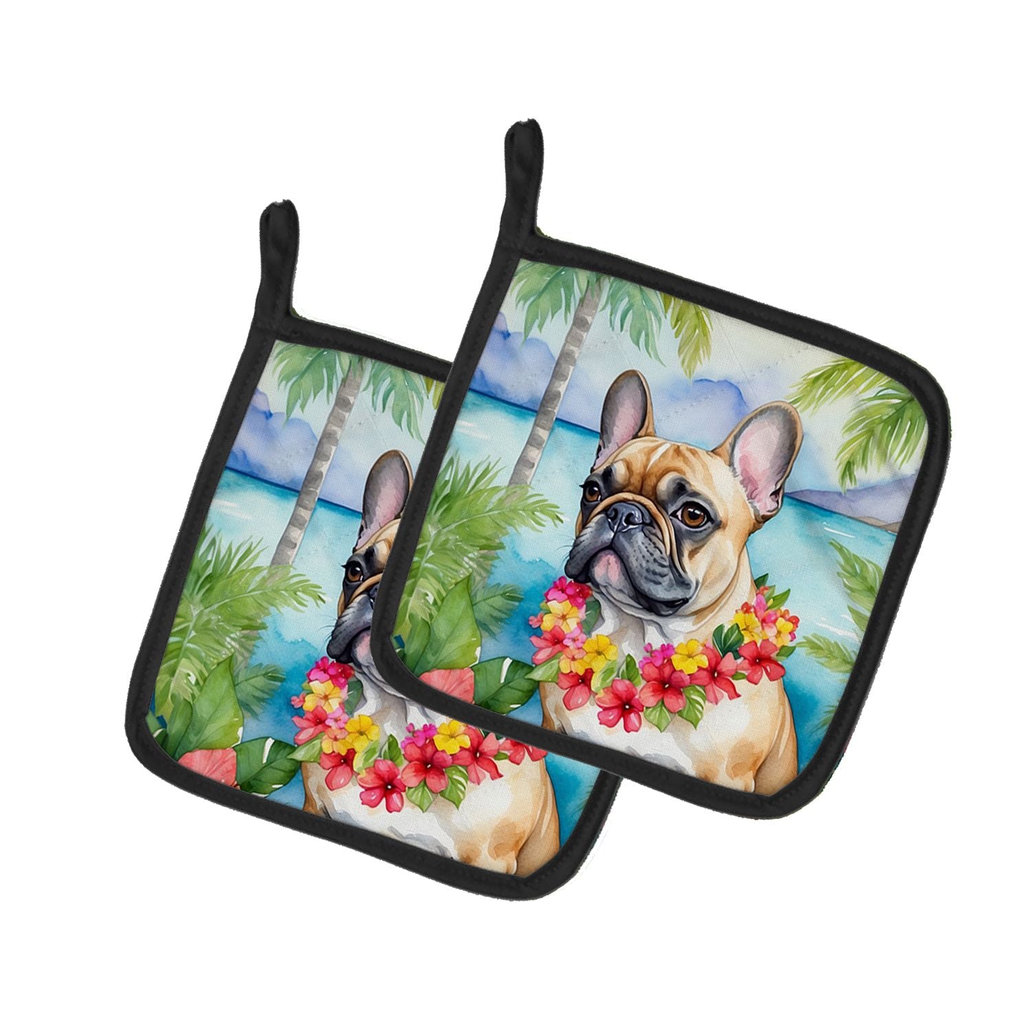 French Bulldog Luau Pair of Pot Holders Kitchen Heat Resistant Pot Holders Sets Oven Hot Pads for Cooking Baking BBQ, 7 1/2 x 7 