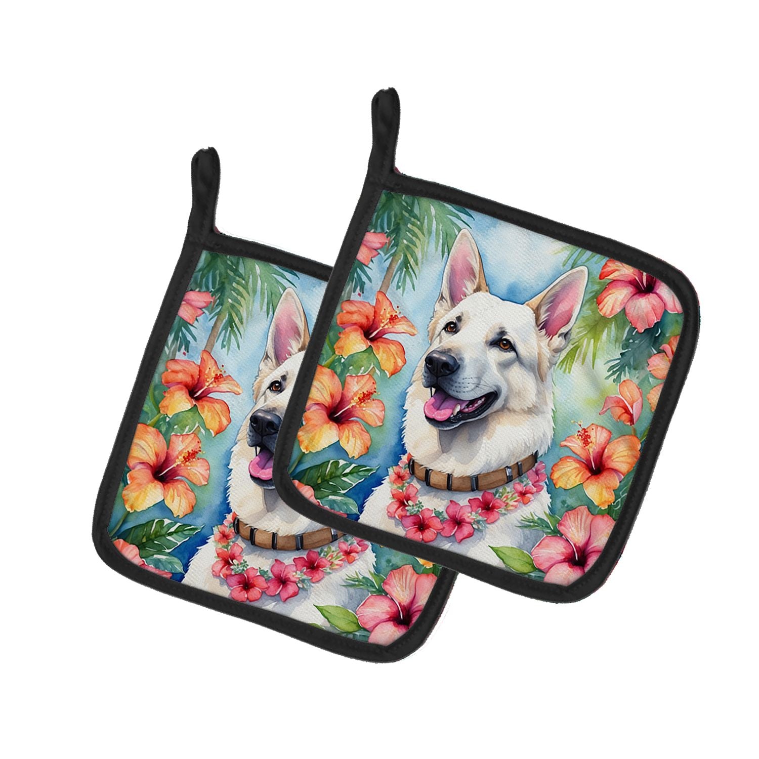 White German Shepherd Luau Pair of Pot Holders Kitchen Heat Resistant Pot Holders Sets Oven Hot Pads for Cooking Baking BBQ, 7 1