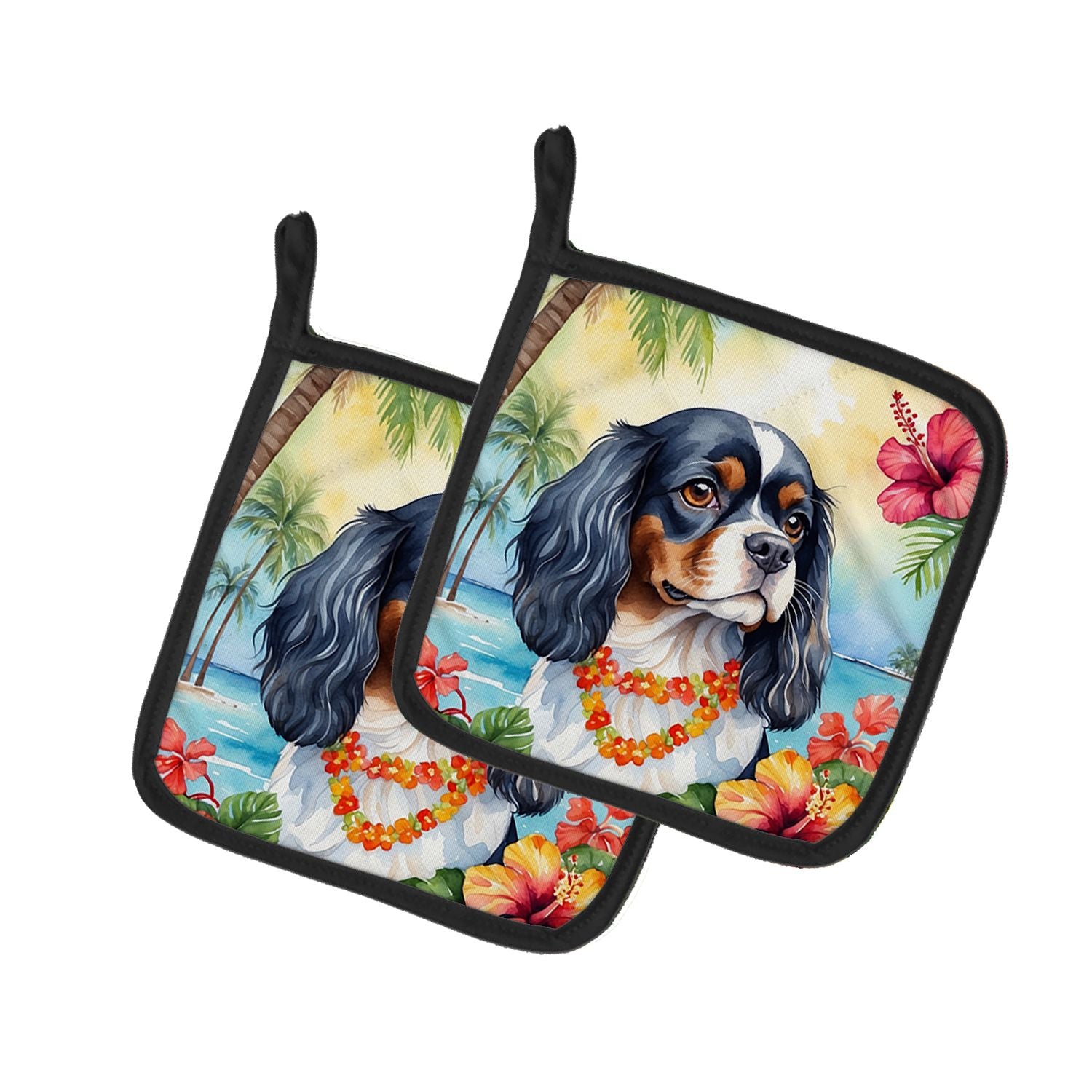 Cavalier Spaniel Luau Pair of Pot Holders Kitchen Heat Resistant Pot Holders Sets Oven Hot Pads for Cooking Baking BBQ, 7 1/2 x 