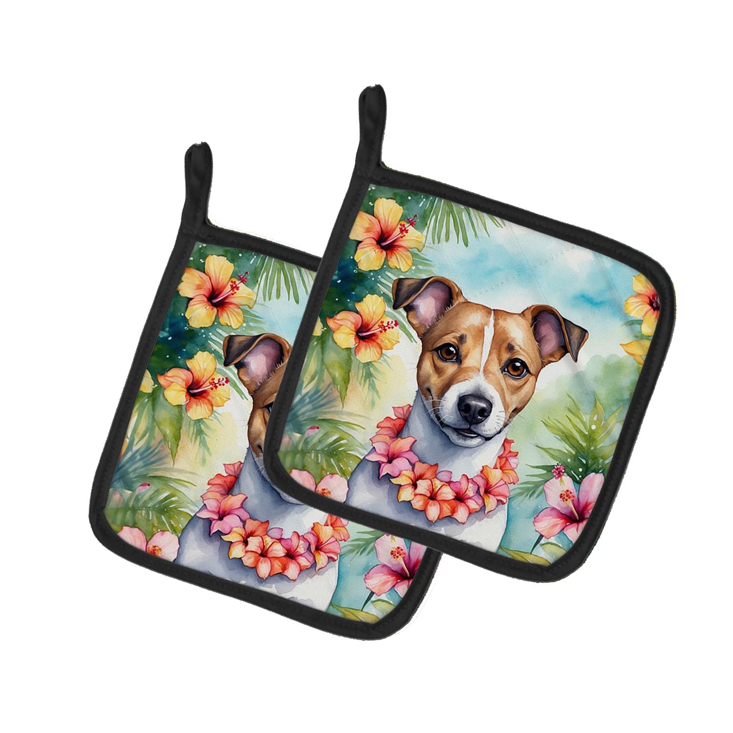 Jack Russell Terrier Luau Pair of Pot Holders Kitchen Heat Resistant Pot Holders Sets Oven Hot Pads for Cooking Baking BBQ, 7 1/