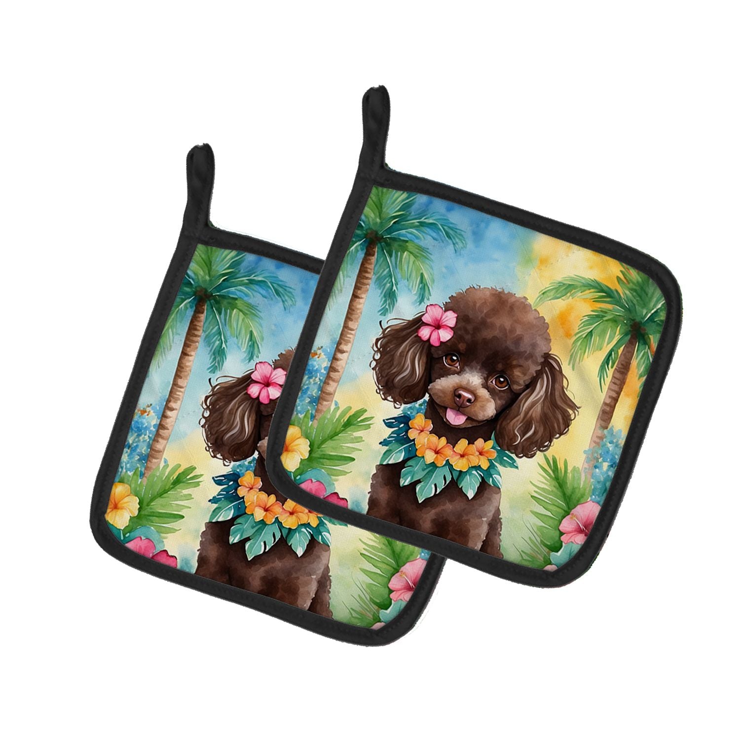 Chocolate Poodle Luau Pair of Pot Holders Kitchen Heat Resistant Pot Holders Sets Oven Hot Pads for Cooking Baking BBQ, 7 1/2 x 