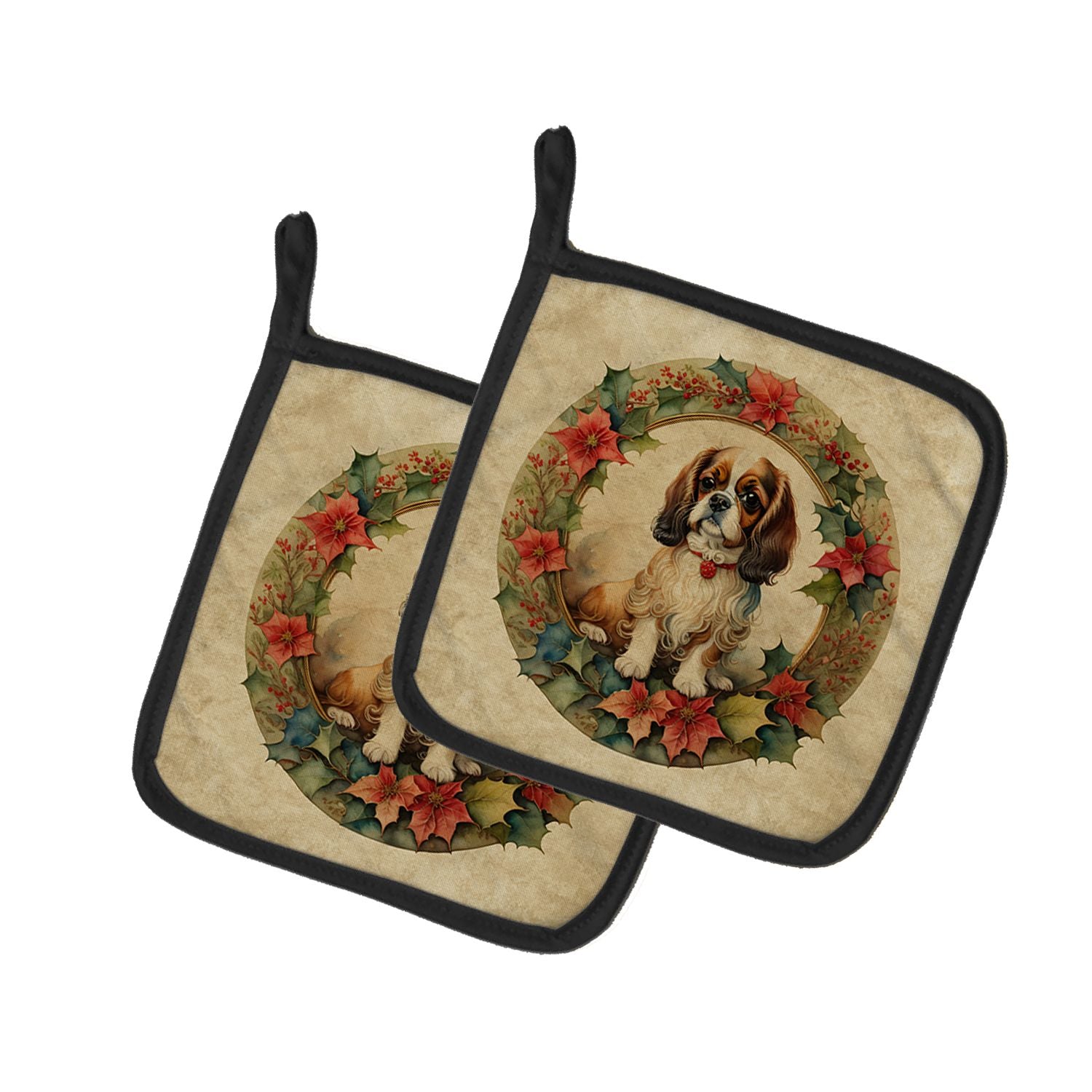 English Toy Spaniel Christmas Flowers Pair of Pot Holders Kitchen Heat Resistant Pot Holders Sets Oven Hot Pads for Cooking Baki