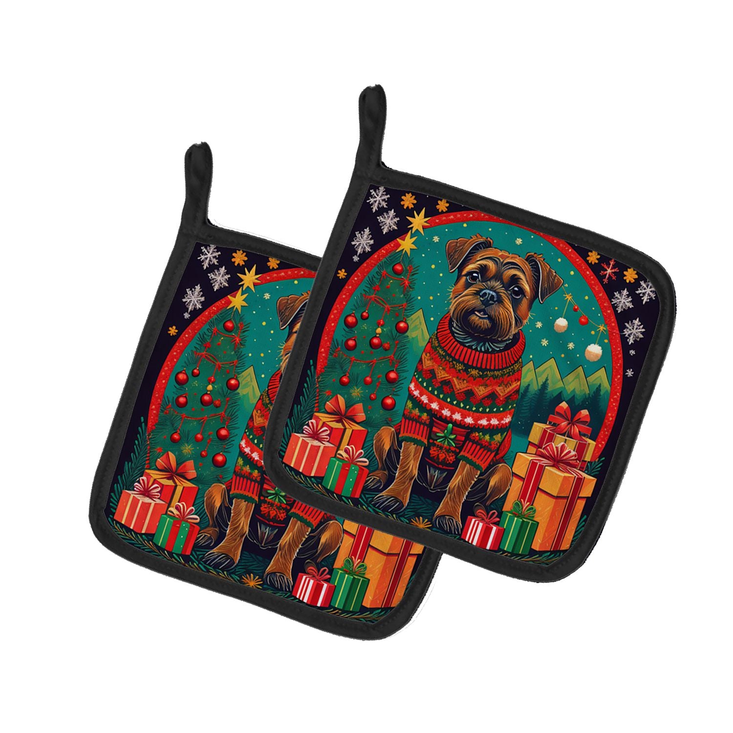 Border Terrier Christmas Pair of Pot Holders Kitchen Heat Resistant Pot Holders Sets Oven Hot Pads for Cooking Baking BBQ, 7 1/2
