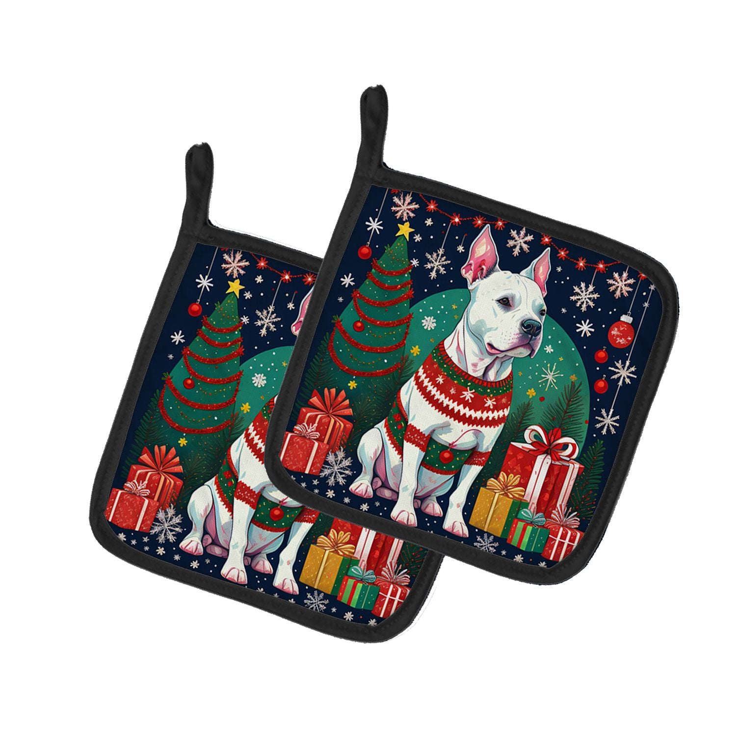 NEW White Pit Bull Terrier Christmas Pair of Pot Holders Kitchen Heat Resistant Pot Holders Sets Oven Hot Pads for Cooking Bakin
