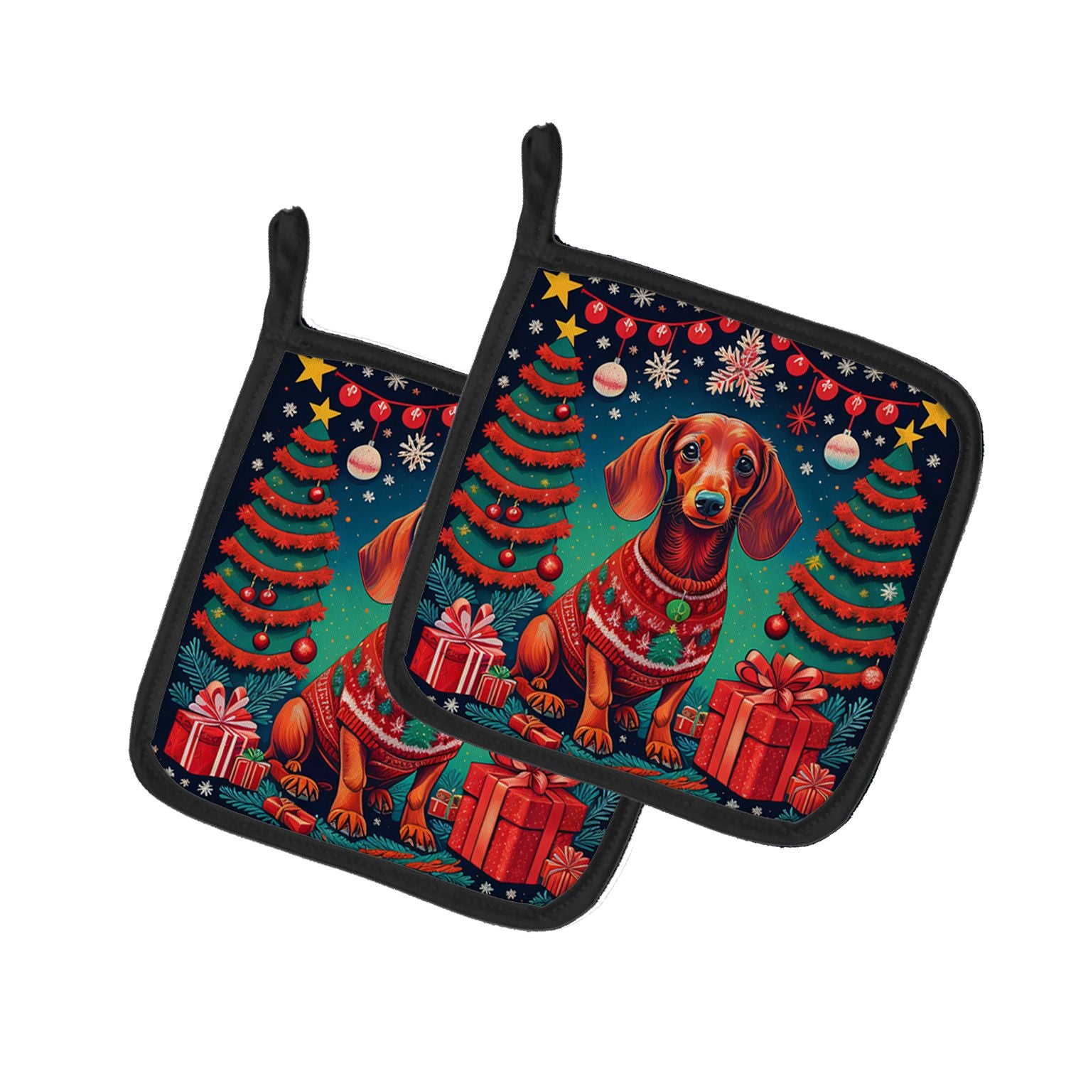 Dachshund Christmas Pair of Pot Holders Kitchen Heat Resistant Pot Holders Sets Oven Hot Pads for Cooking Baking BBQ, 7 1/2 x 7 