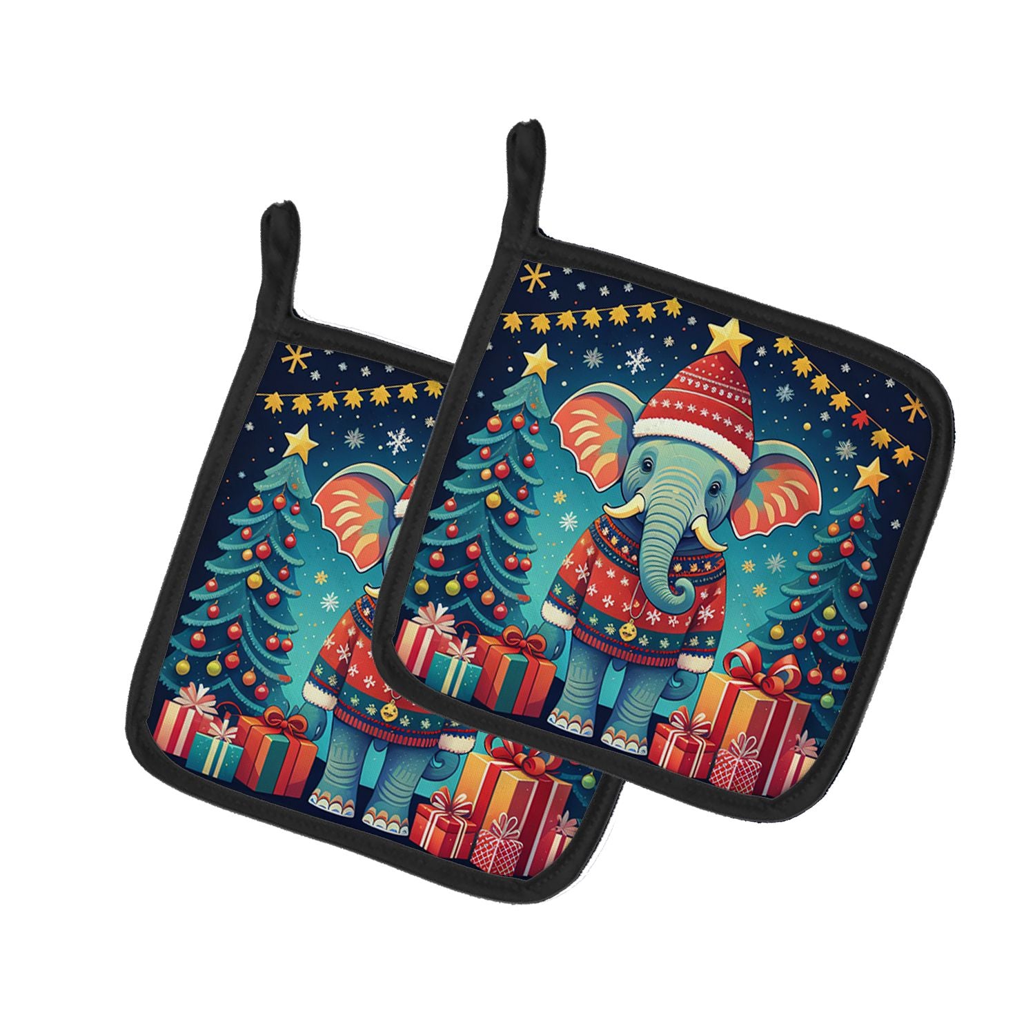 Elephant Christmas Pair of Pot Holders Kitchen Heat Resistant Pot Holders Sets Oven Hot Pads for Cooking Baking BBQ, 7 1/2 x 7 1