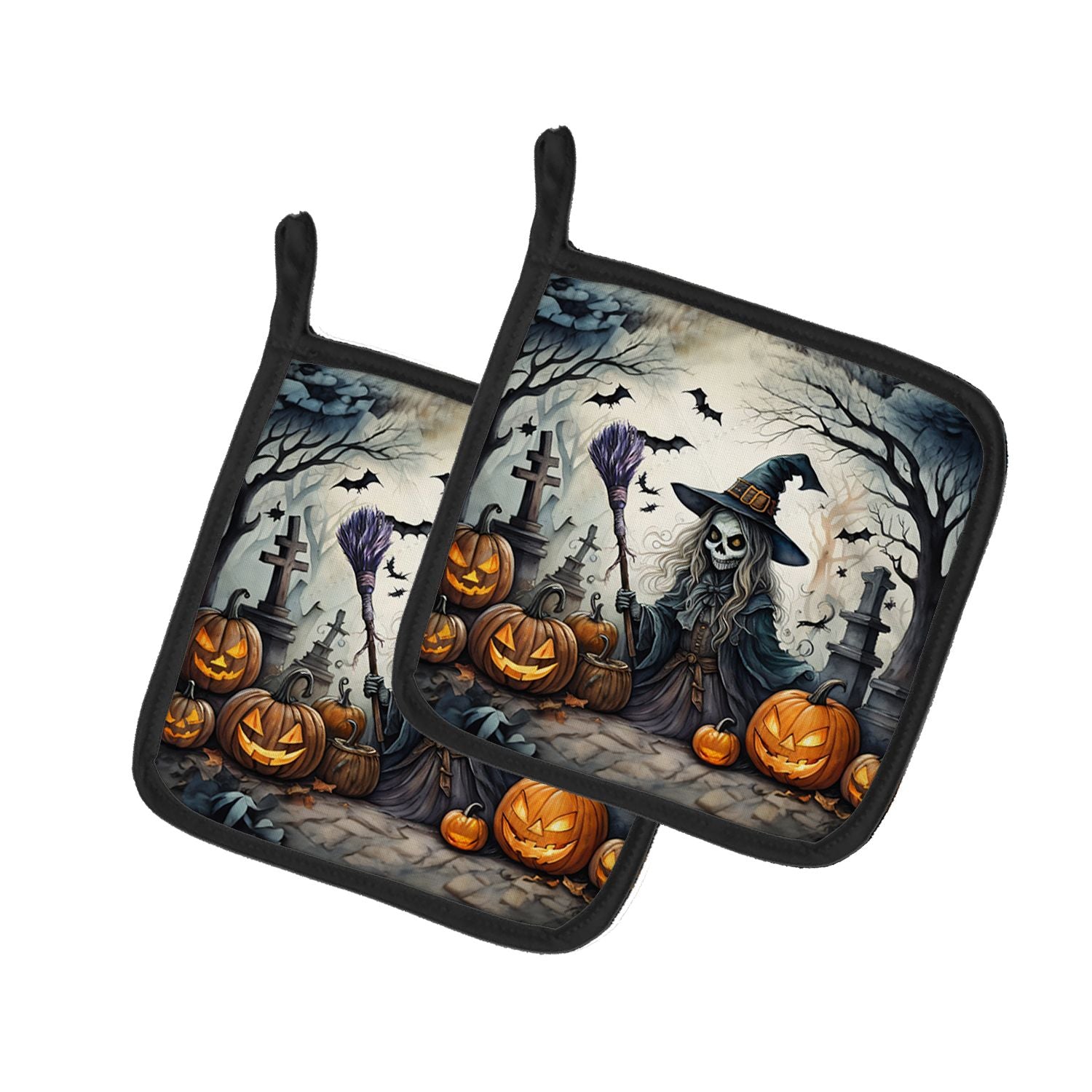 Witch Spooky Halloween Pair of Pot Holders Kitchen Heat Resistant Pot Holders Sets Oven Hot Pads for Cooking Baking BBQ, 7 1/2 x