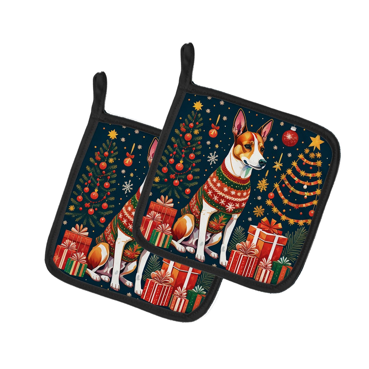 Basenji Christmas Pair of Pot Holders Kitchen Heat Resistant Pot Holders Sets Oven Hot Pads for Cooking Baking BBQ, 7 1/2 x 7 1/