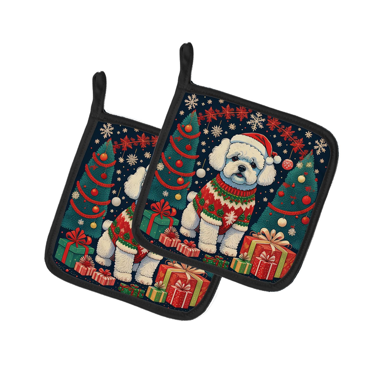 Bichon Frise Christmas Pair of Pot Holders Kitchen Heat Resistant Pot Holders Sets Oven Hot Pads for Cooking Baking BBQ, 7 1/2 x
