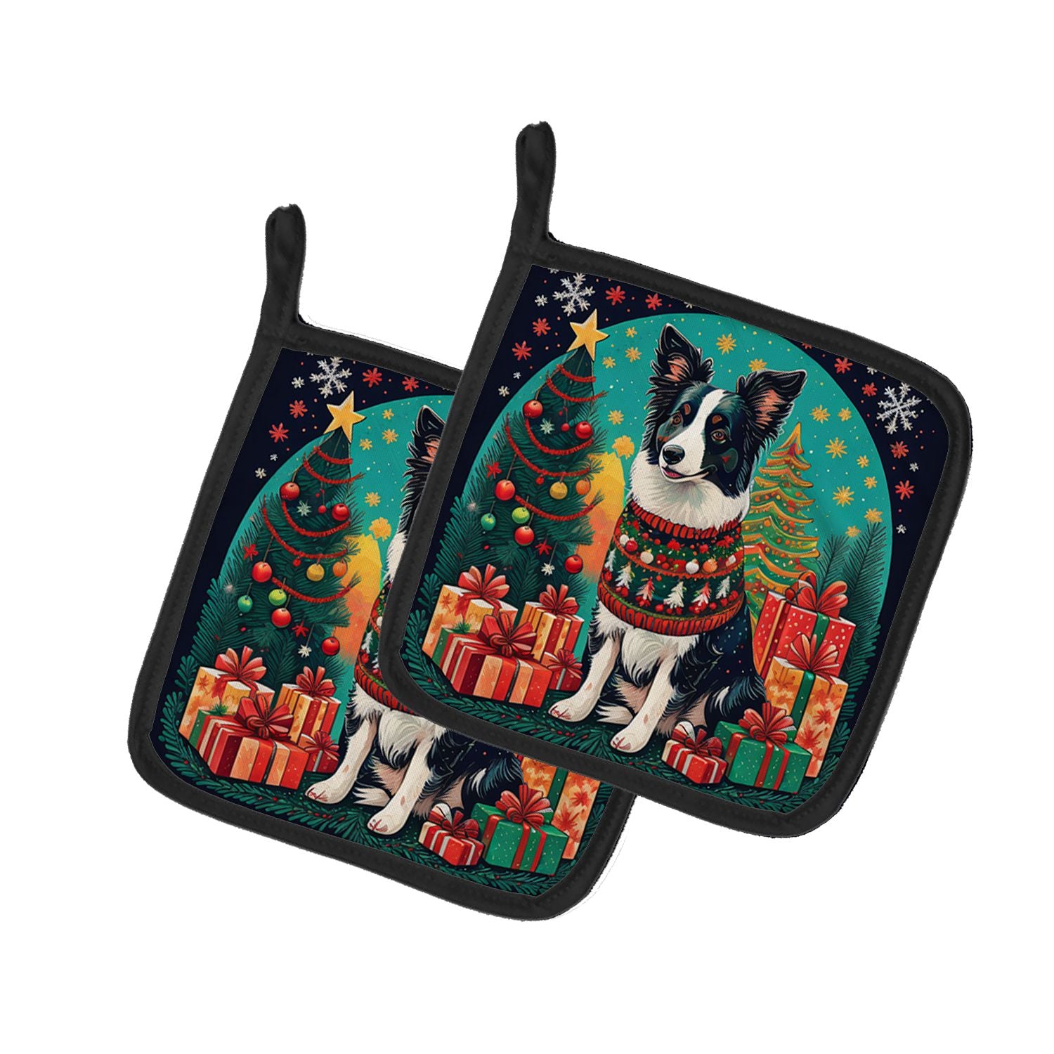 Border Collie Christmas Pair of Pot Holders Kitchen Heat Resistant Pot Holders Sets Oven Hot Pads for Cooking Baking BBQ, 7 1/2 