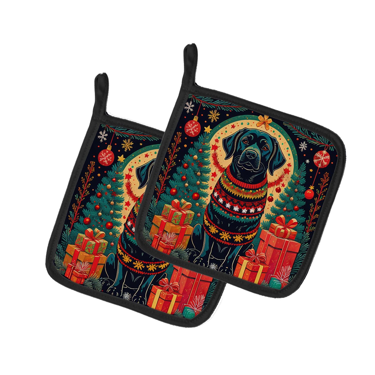 Black Labrador Retriever Christmas Pair of Pot Holders Kitchen Heat Resistant Pot Holders Sets Oven Hot Pads for Cooking Baking 
