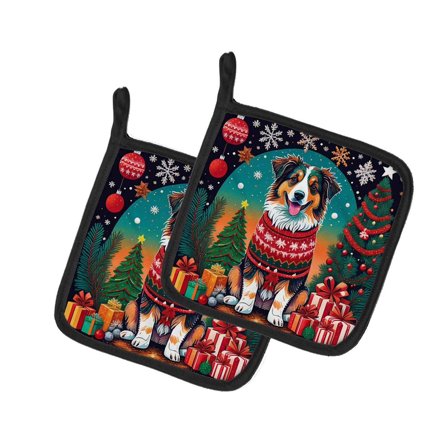 Australian Shepherd Christmas Pair of Pot Holders Kitchen Heat Resistant Pot Holders Sets Oven Hot Pads for Cooking Baking BBQ, 