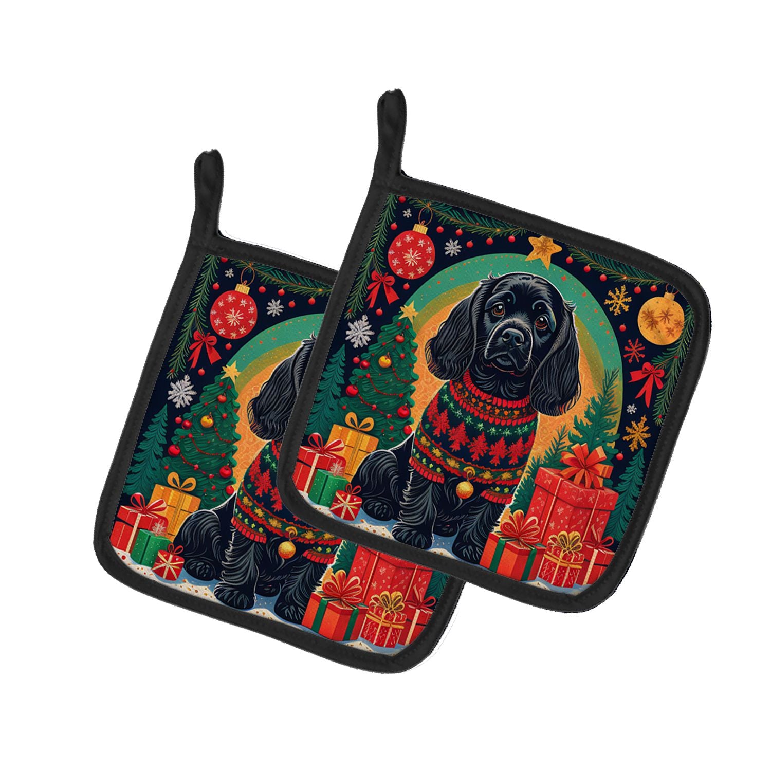 Black Cocker Spaniel Christmas Pair of Pot Holders Kitchen Heat Resistant Pot Holders Sets Oven Hot Pads for Cooking Baking BBQ,
