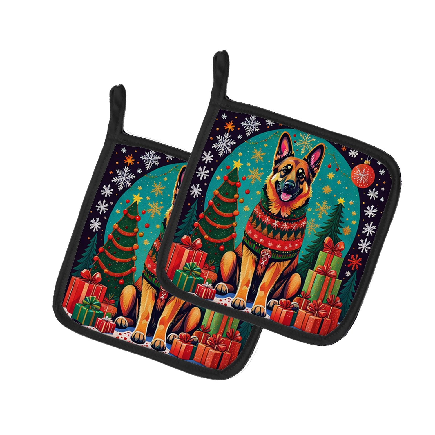 German Shepherd Christmas Pair of Pot Holders Kitchen Heat Resistant Pot Holders Sets Oven Hot Pads for Cooking Baking BBQ, 7 1/