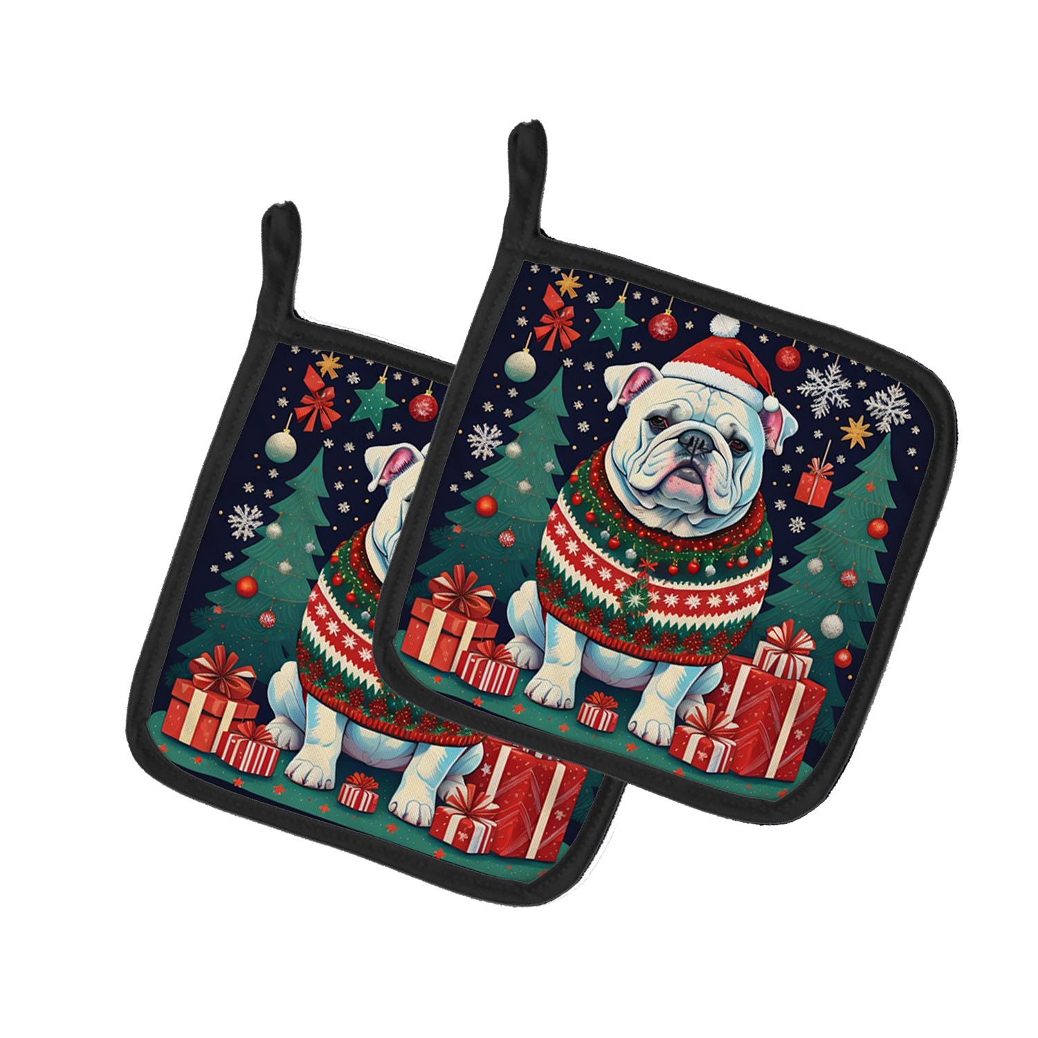 White English Bulldog Christmas Pair of Pot Holders Kitchen Heat Resistant Pot Holders Sets Oven Hot Pads for Cooking Baking BBQ