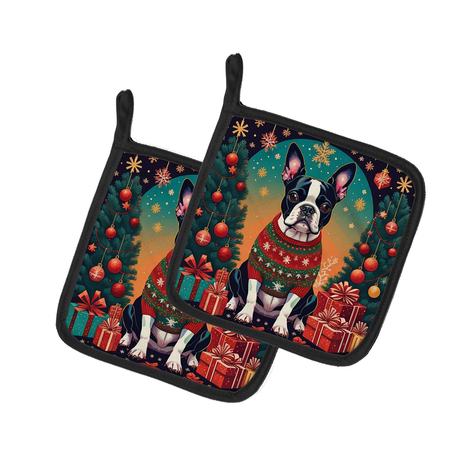 Boston Terrier Christmas Pair of Pot Holders Kitchen Heat Resistant Pot Holders Sets Oven Hot Pads for Cooking Baking BBQ, 7 1/2