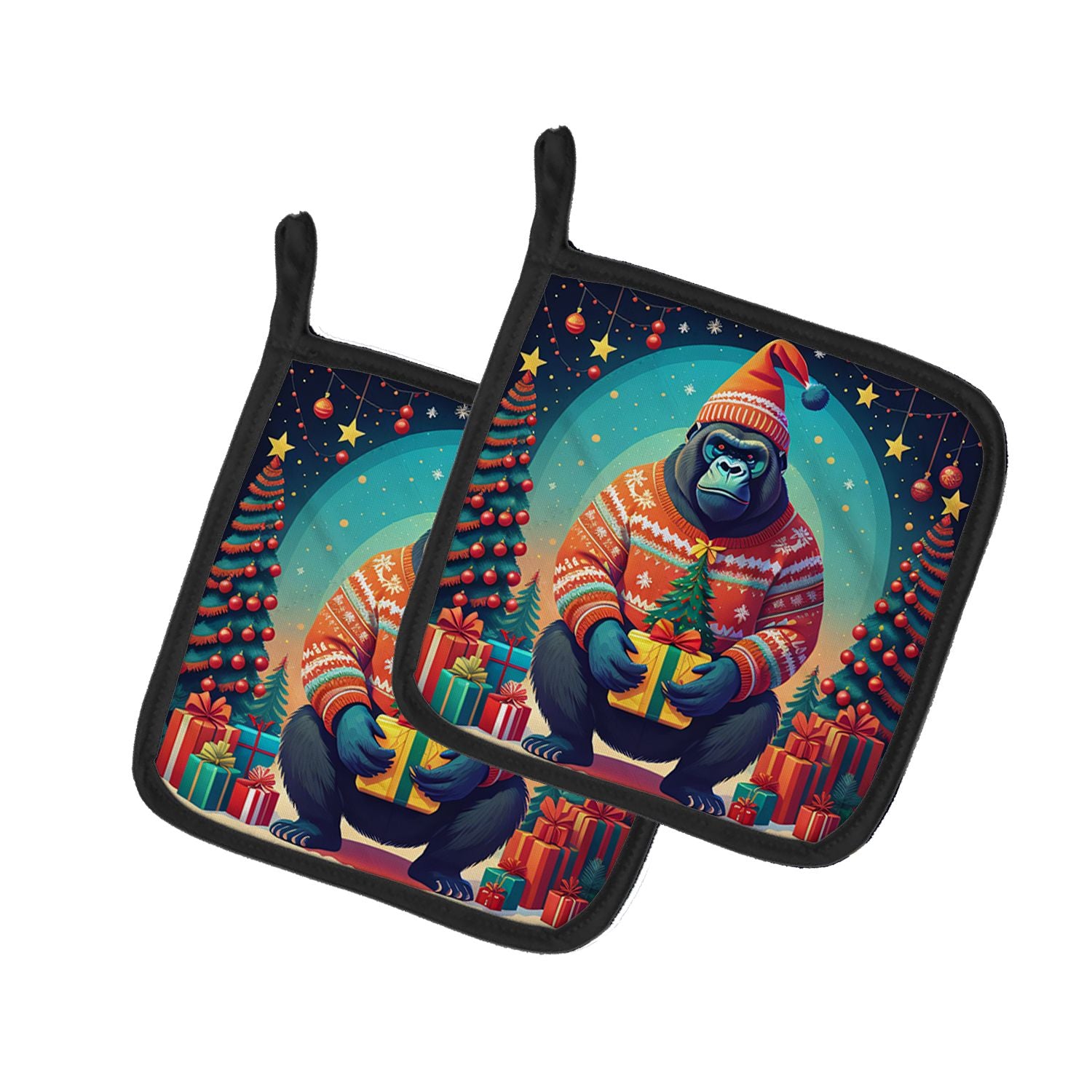 Gorilla Christmas Pair of Pot Holders Kitchen Heat Resistant Pot Holders Sets Oven Hot Pads for Cooking Baking BBQ, 7 1/2 x 7 1/