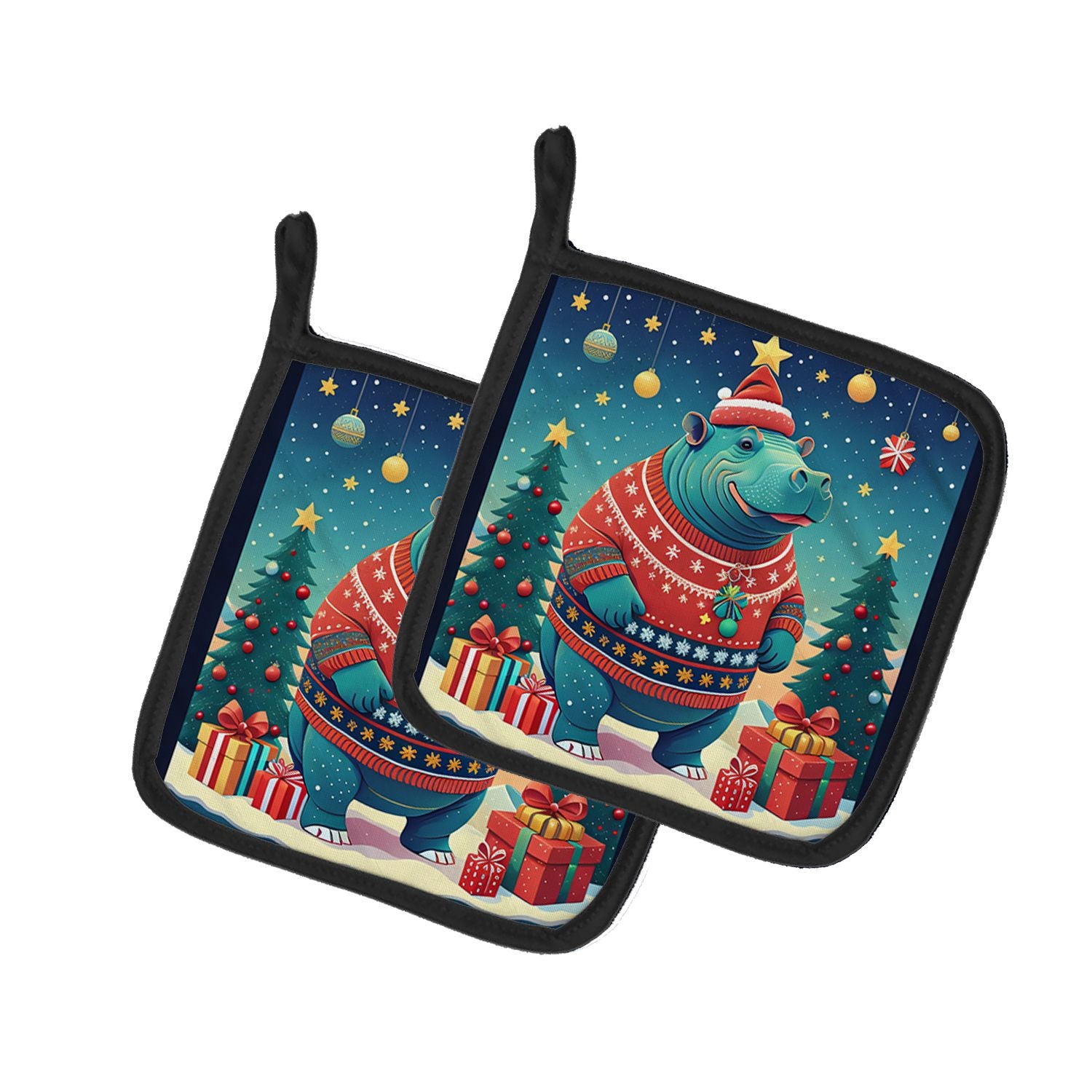 Hippopotamus Christmas Pair of Pot Holders Kitchen Heat Resistant Pot Holders Sets Oven Hot Pads for Cooking Baking BBQ, 7 1/2 x