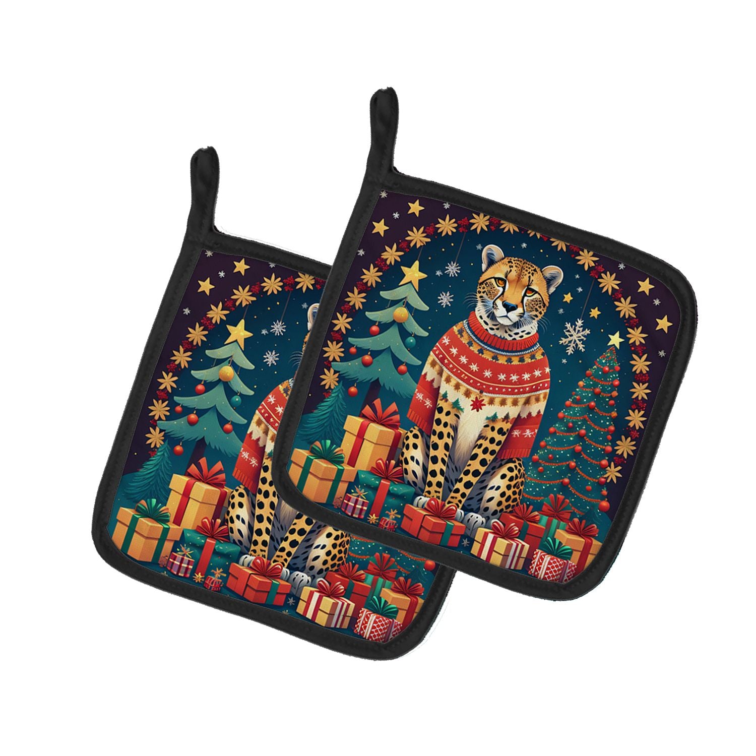 Cheetah Christmas Pair of Pot Holders Kitchen Heat Resistant Pot Holders Sets Oven Hot Pads for Cooking Baking BBQ, 7 1/2 x 7 1/