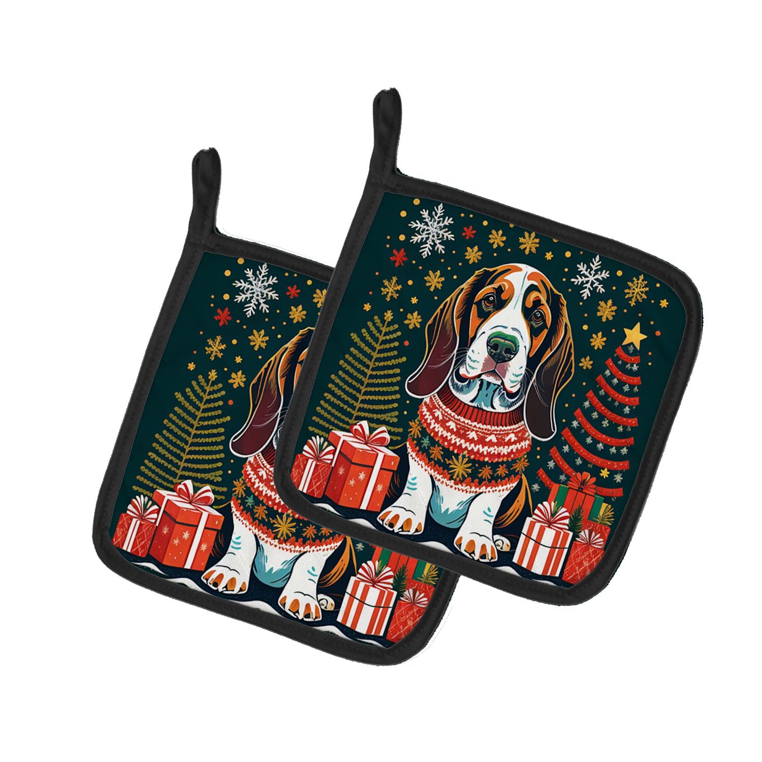 Basset Hound Christmas Pair of Pot Holders Kitchen Heat Resistant Pot Holders Sets Oven Hot Pads for Cooking Baking BBQ, 7 1/2 x