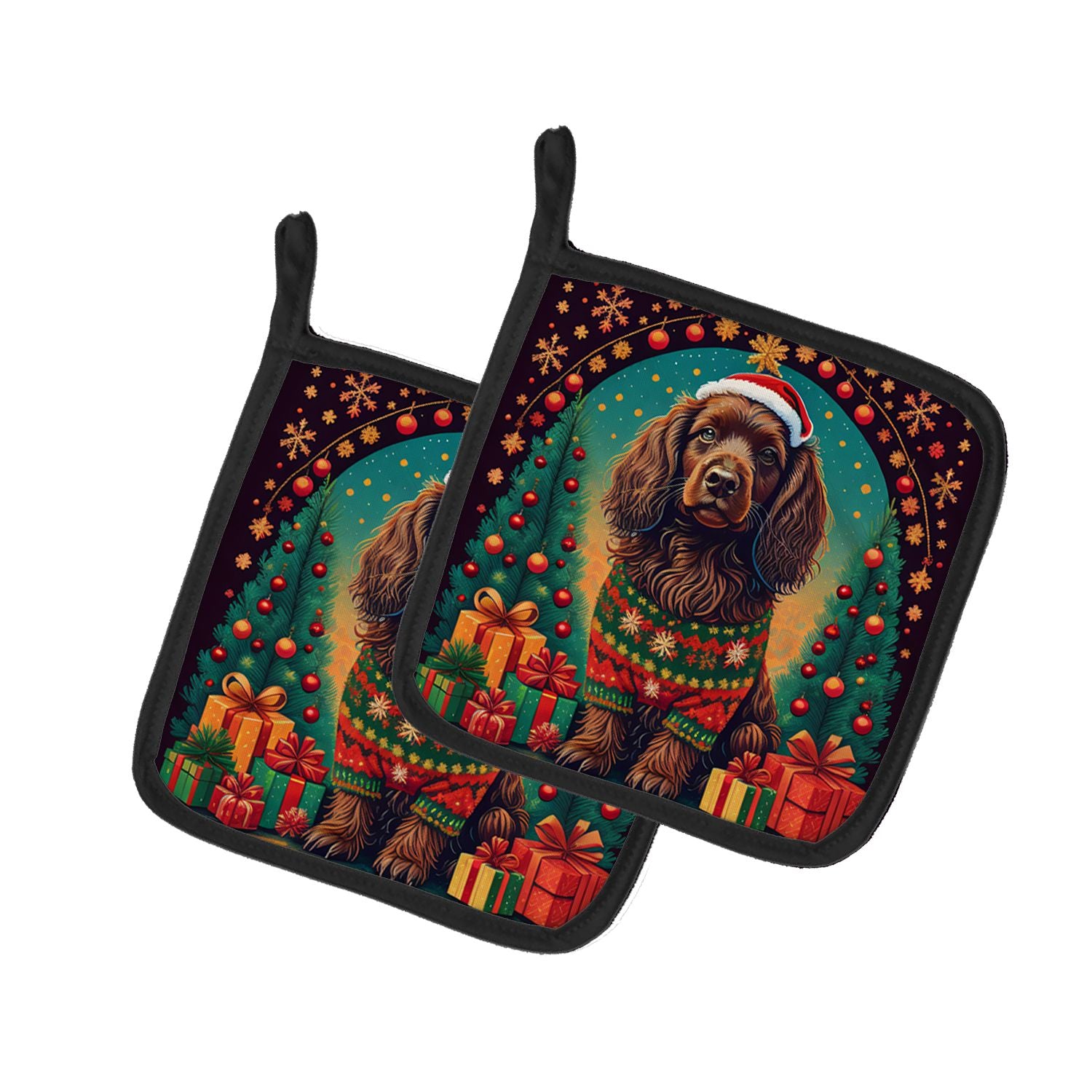 Boykin Spaniel Christmas Pair of Pot Holders Kitchen Heat Resistant Pot Holders Sets Oven Hot Pads for Cooking Baking BBQ, 7 1/2
