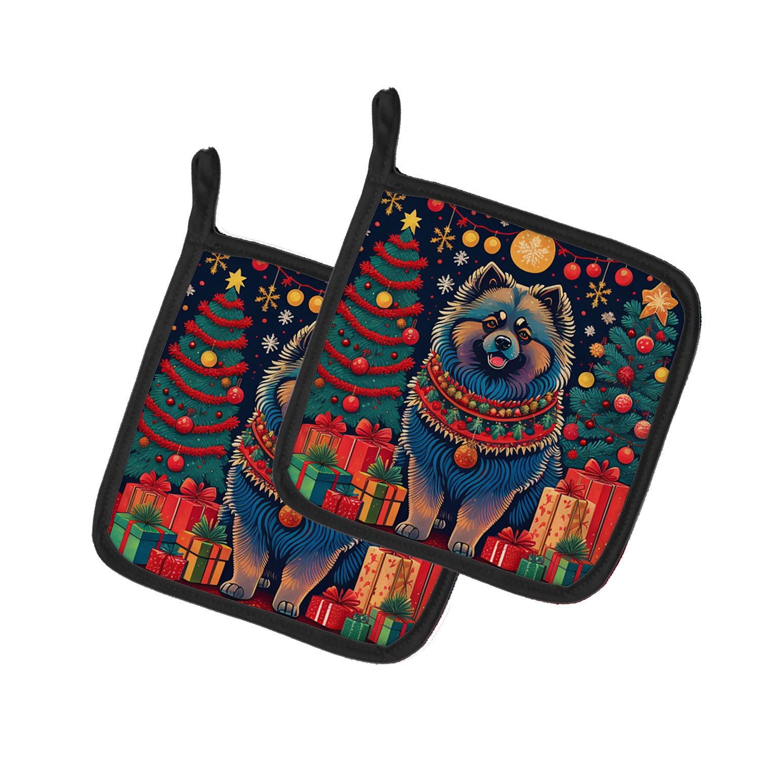 Keeshond Christmas Pair of Pot Holders Kitchen Heat Resistant Pot Holders Sets Oven Hot Pads for Cooking Baking BBQ, 7 1/2 x 7 1