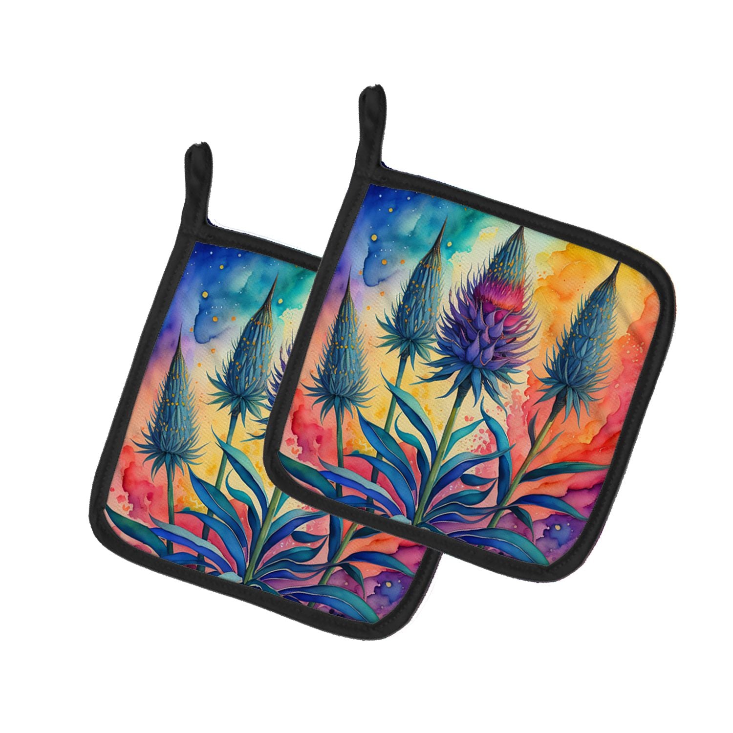 Colorful Eryngium Pair of Pot Holders Kitchen Heat Resistant Pot Holders Sets Oven Hot Pads for Cooking Baking BBQ, 7 1/2 x 7 1/