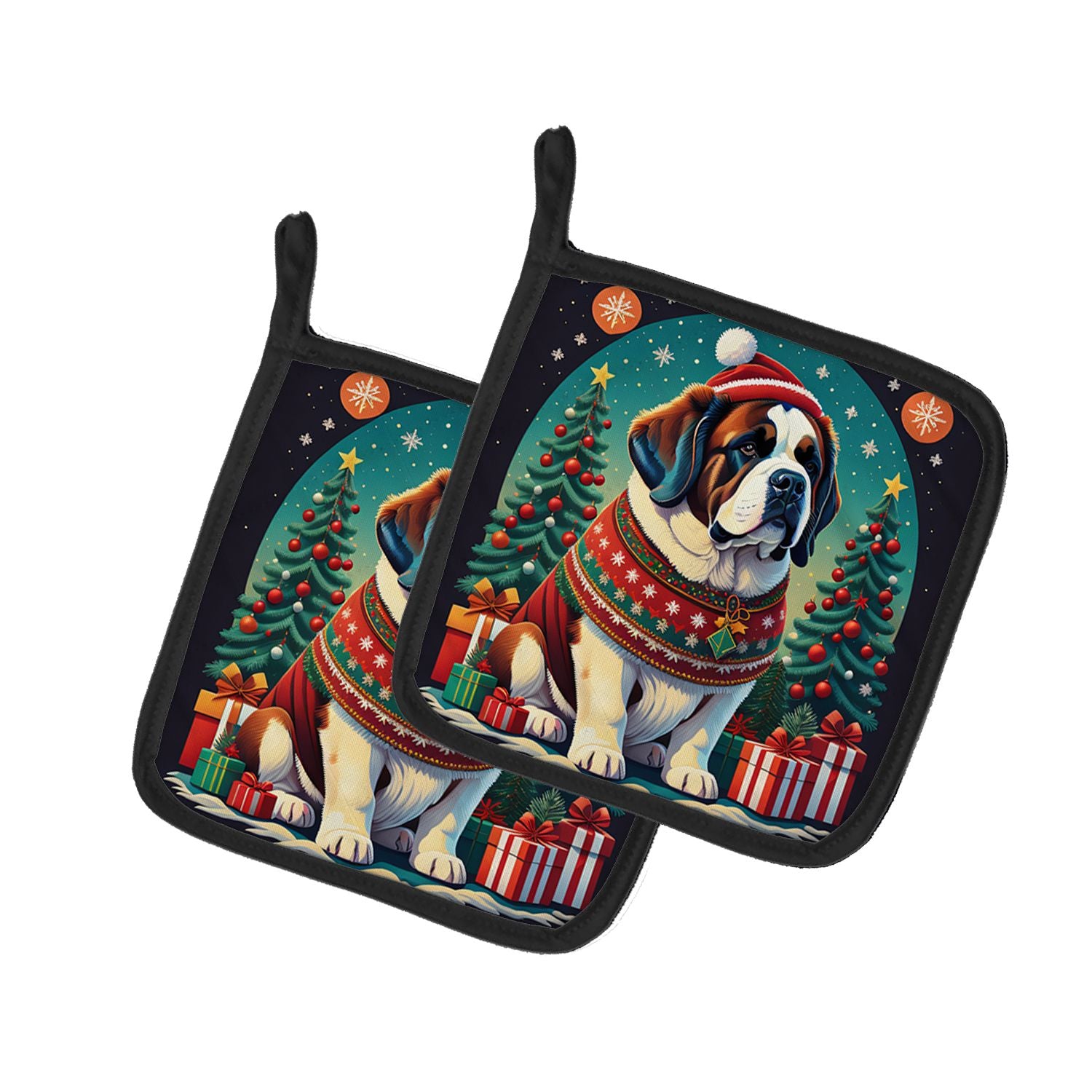 Saint Bernard Christmas Pair of Pot Holders Kitchen Heat Resistant Pot Holders Sets Oven Hot Pads for Cooking Baking BBQ, 7 1/2 