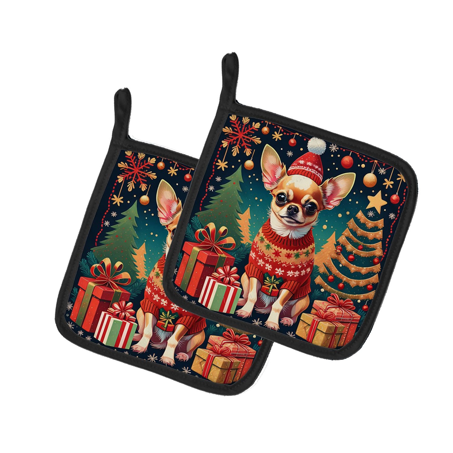 Chihuahua Christmas Pair of Pot Holders Kitchen Heat Resistant Pot Holders Sets Oven Hot Pads for Cooking Baking BBQ, 7 1/2 x 7 